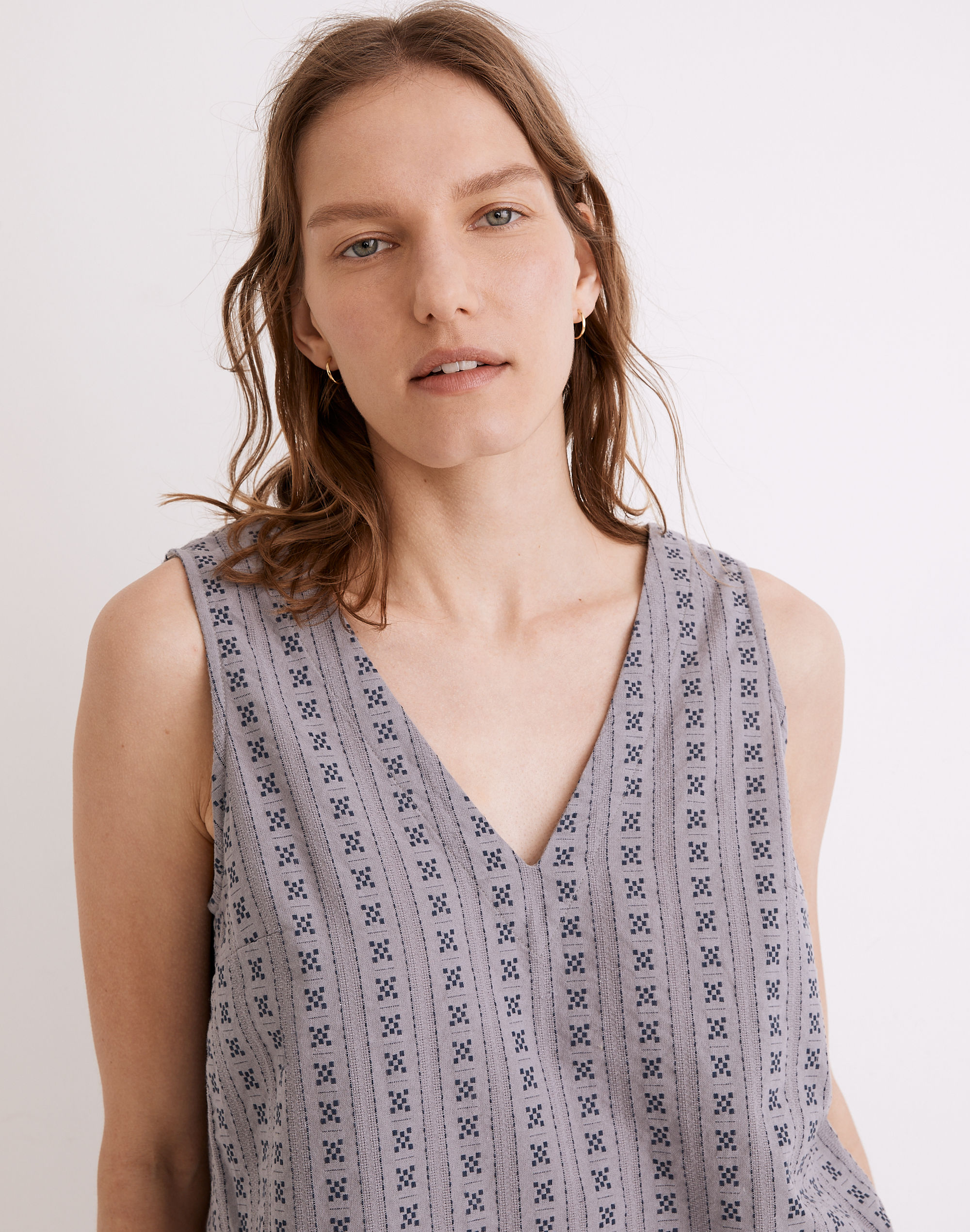 V-Neck Button-Back Sleeveless Top in Jacquard Stripe