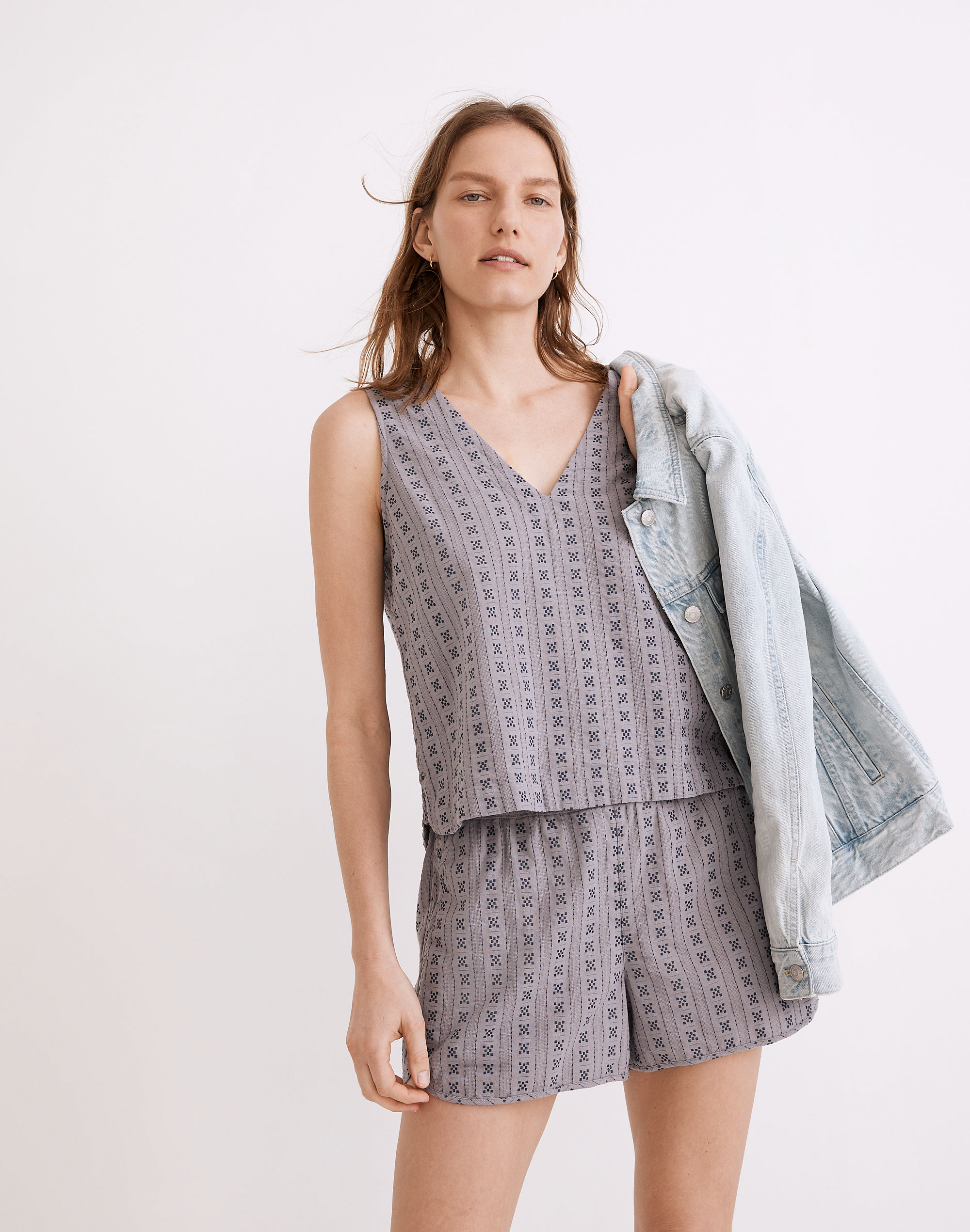 V-Neck Button-Back Sleeveless Top in Jacquard Stripe