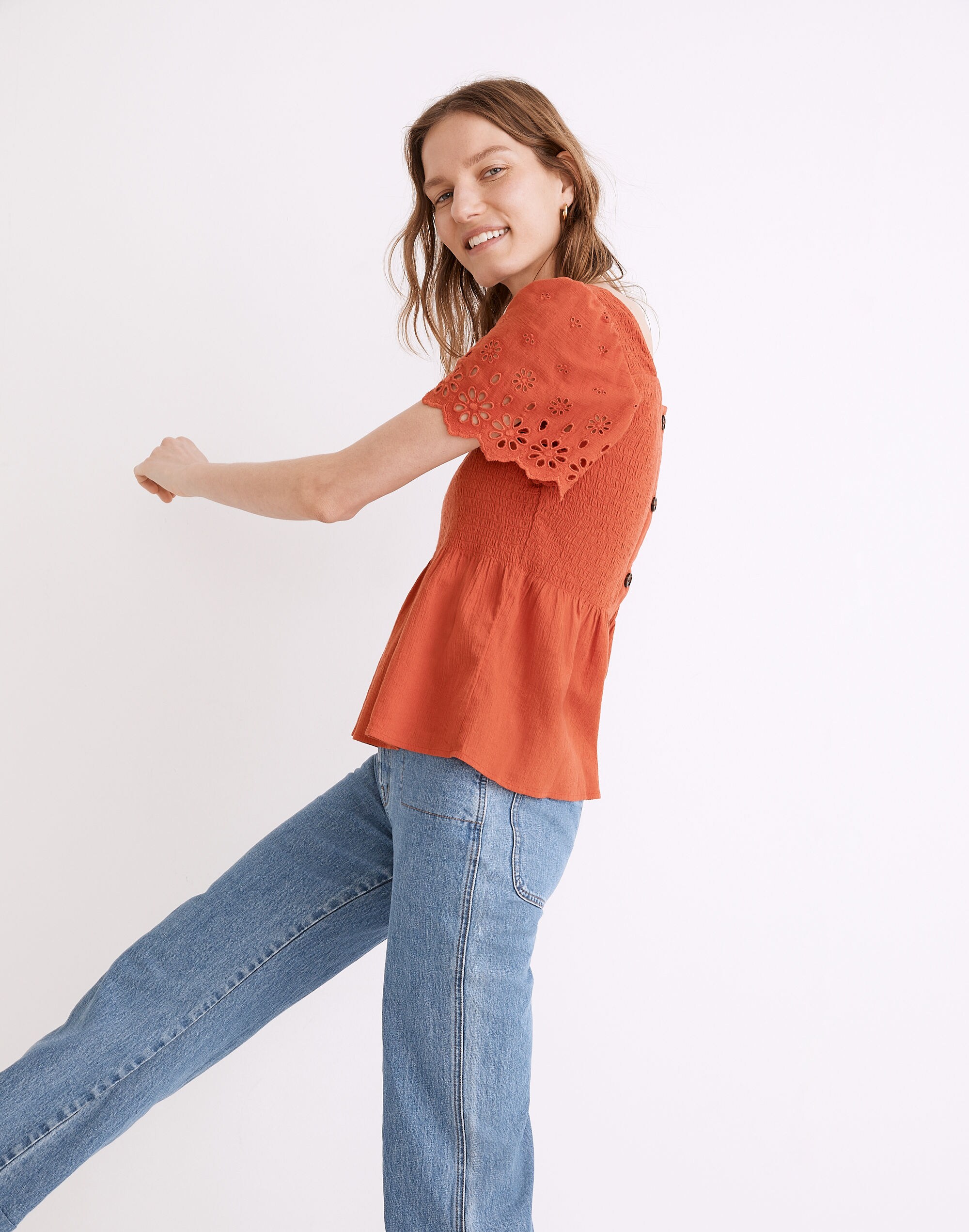 Eyelet-Sleeve Lucie Smocked Peplum Top