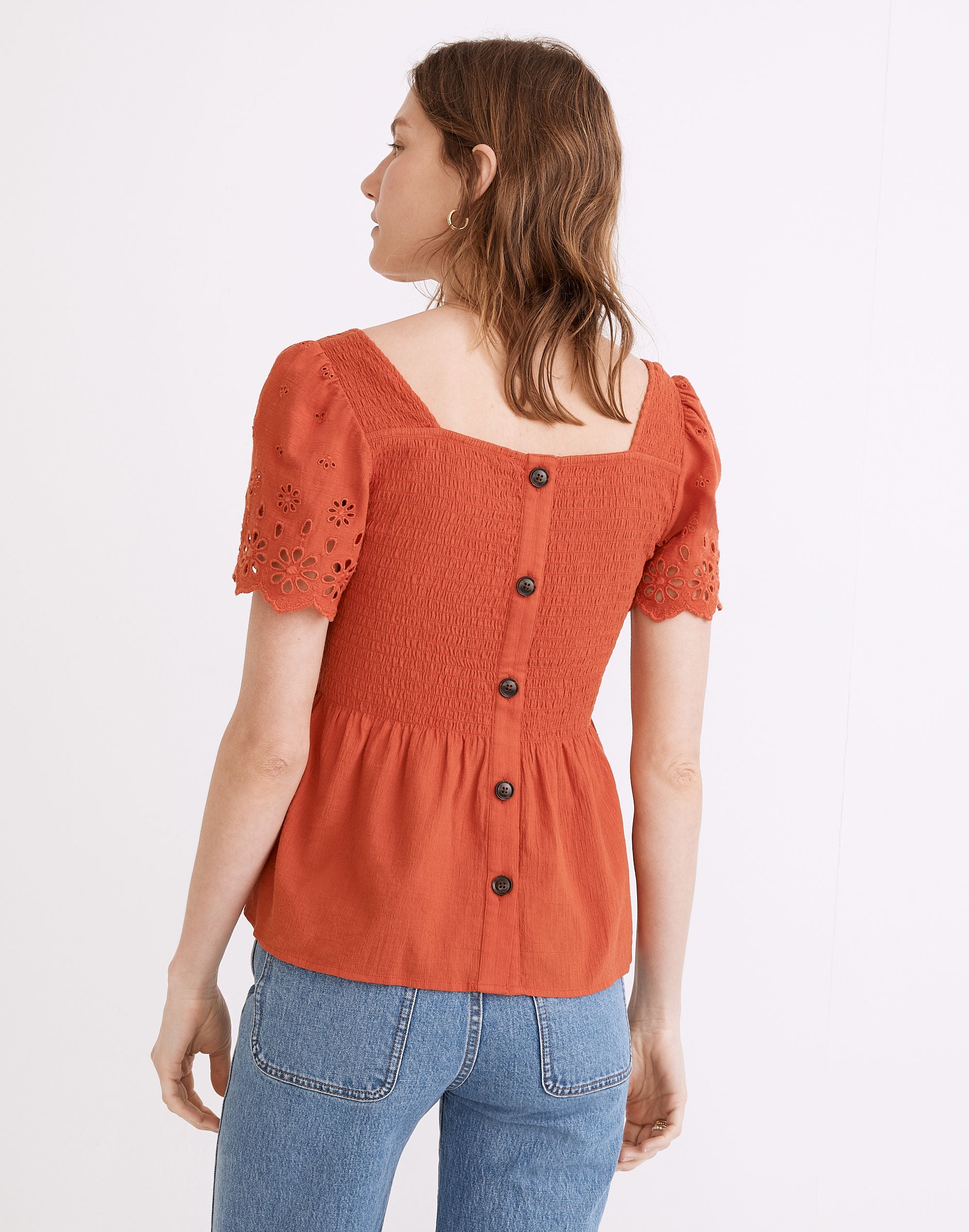 Eyelet-Sleeve Lucie Smocked Peplum Top