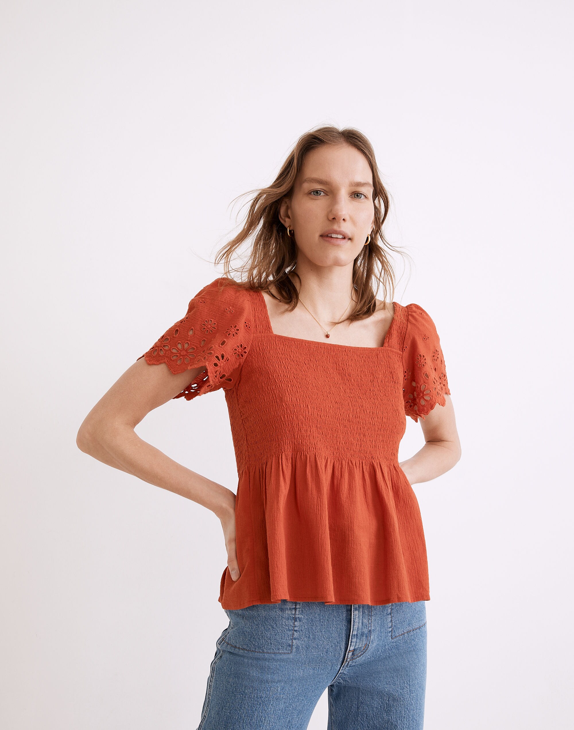 Eyelet-Sleeve Lucie Smocked Peplum Top