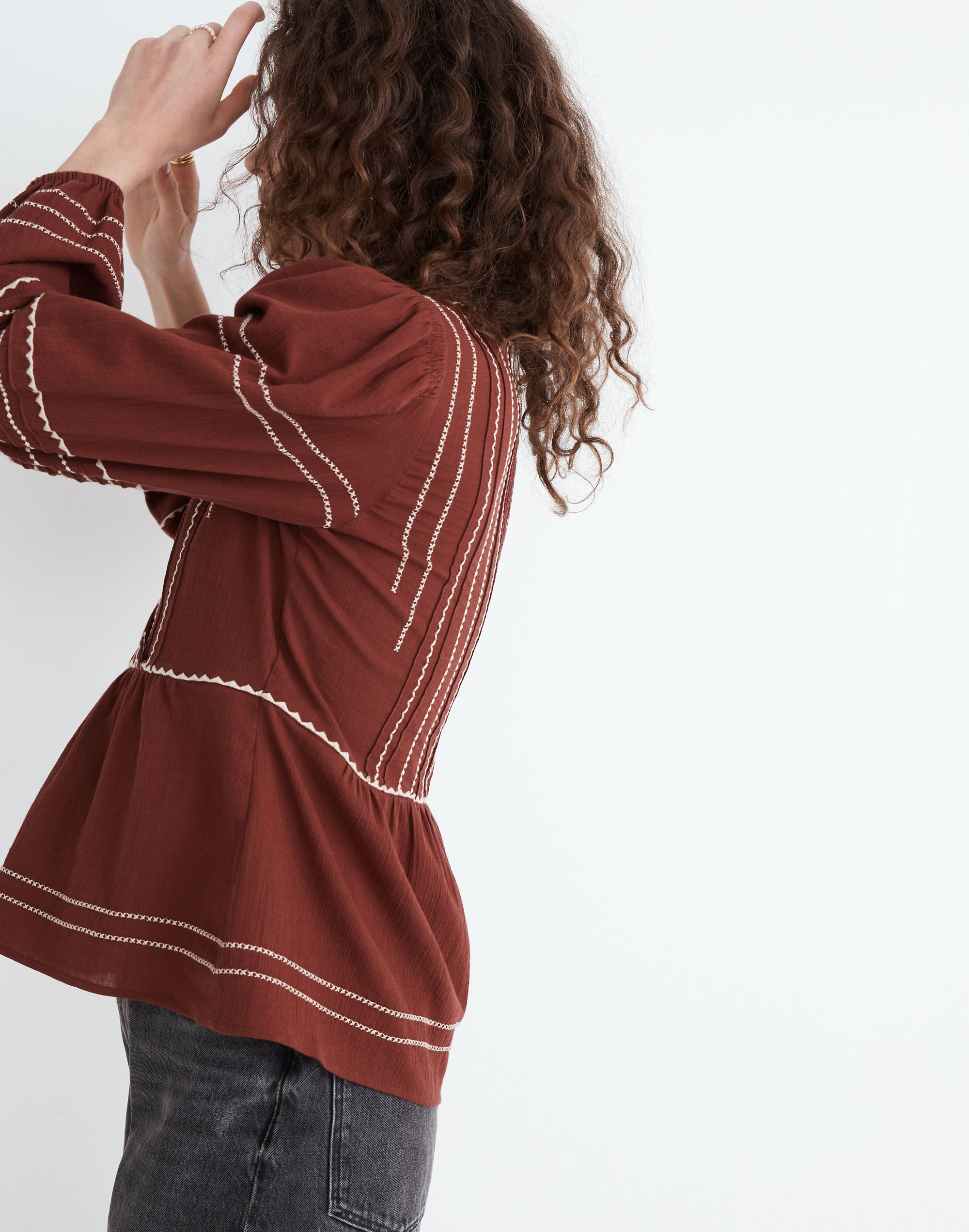 Embroidered Faux-Wrap Top