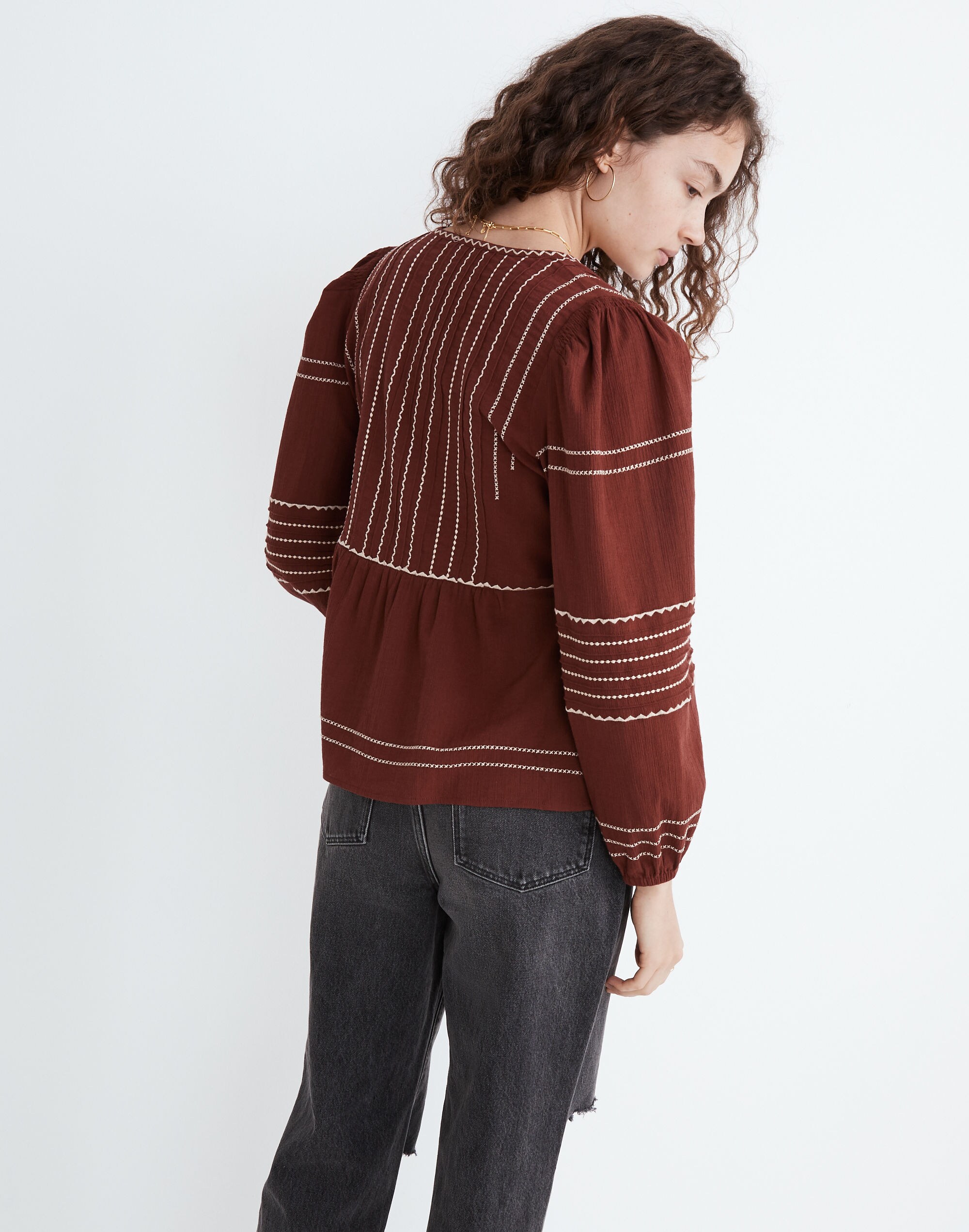 Embroidered Faux-Wrap Top