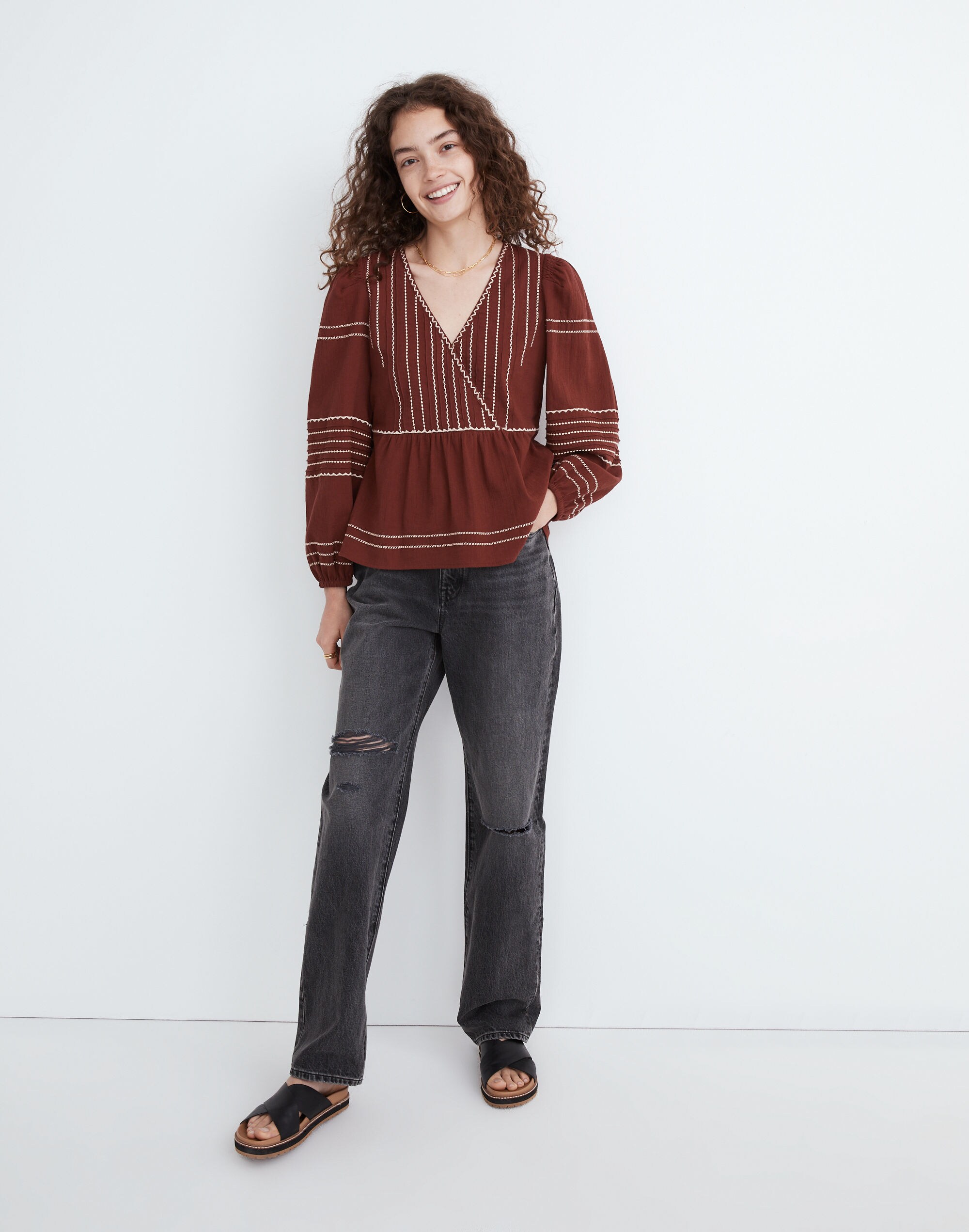 Embroidered Faux-Wrap Top