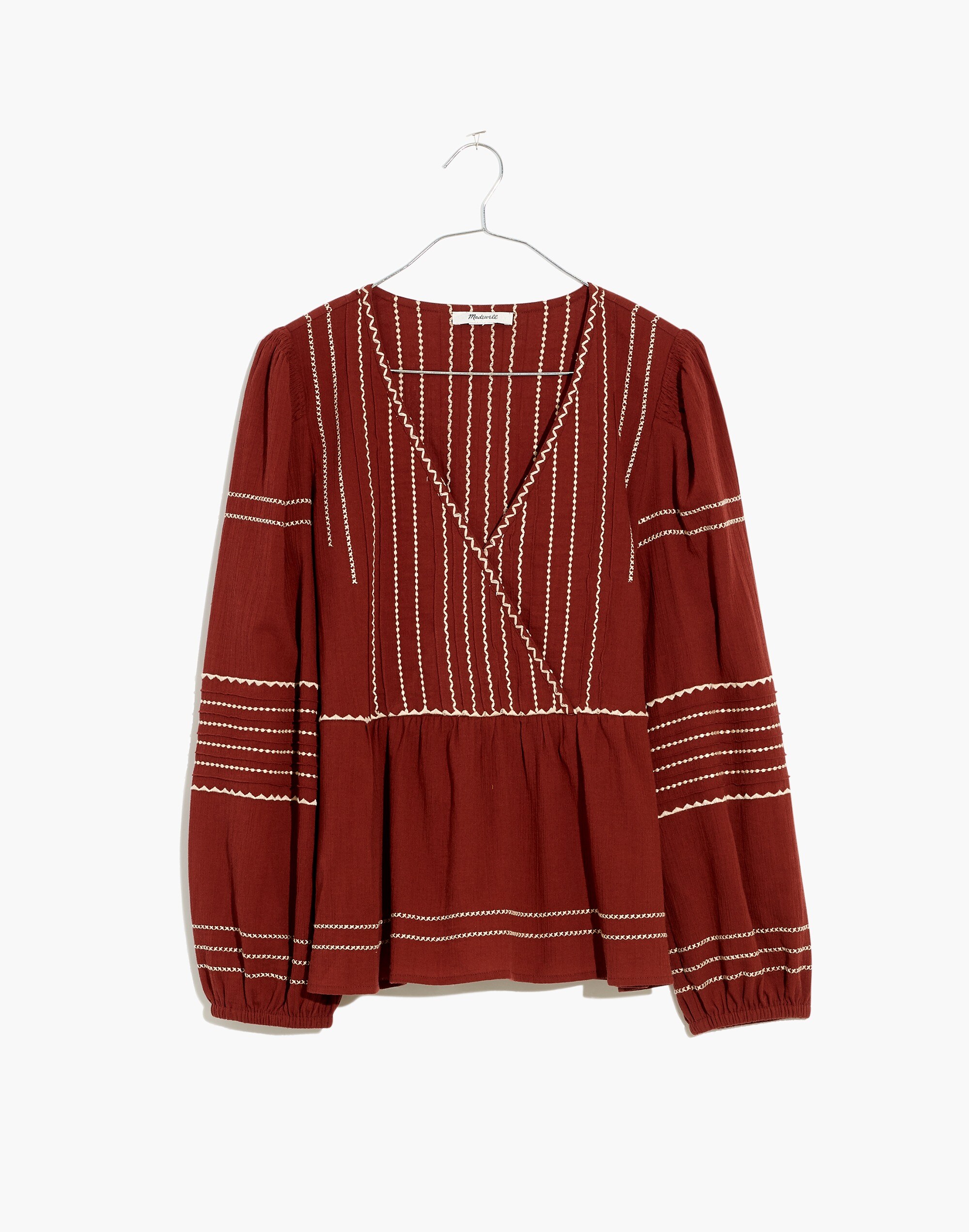 Embroidered Faux-Wrap Top