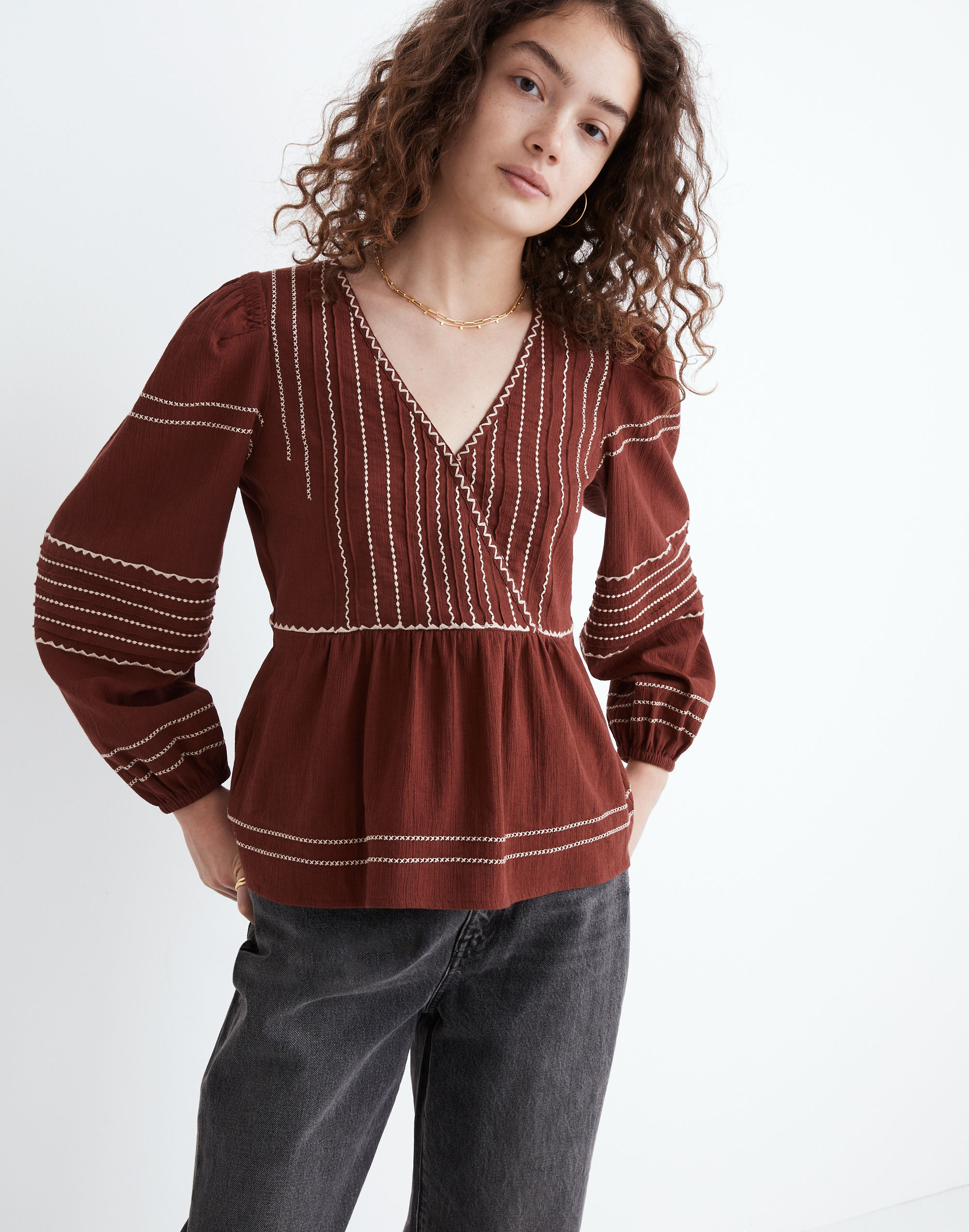 embroidered faux-wrap top