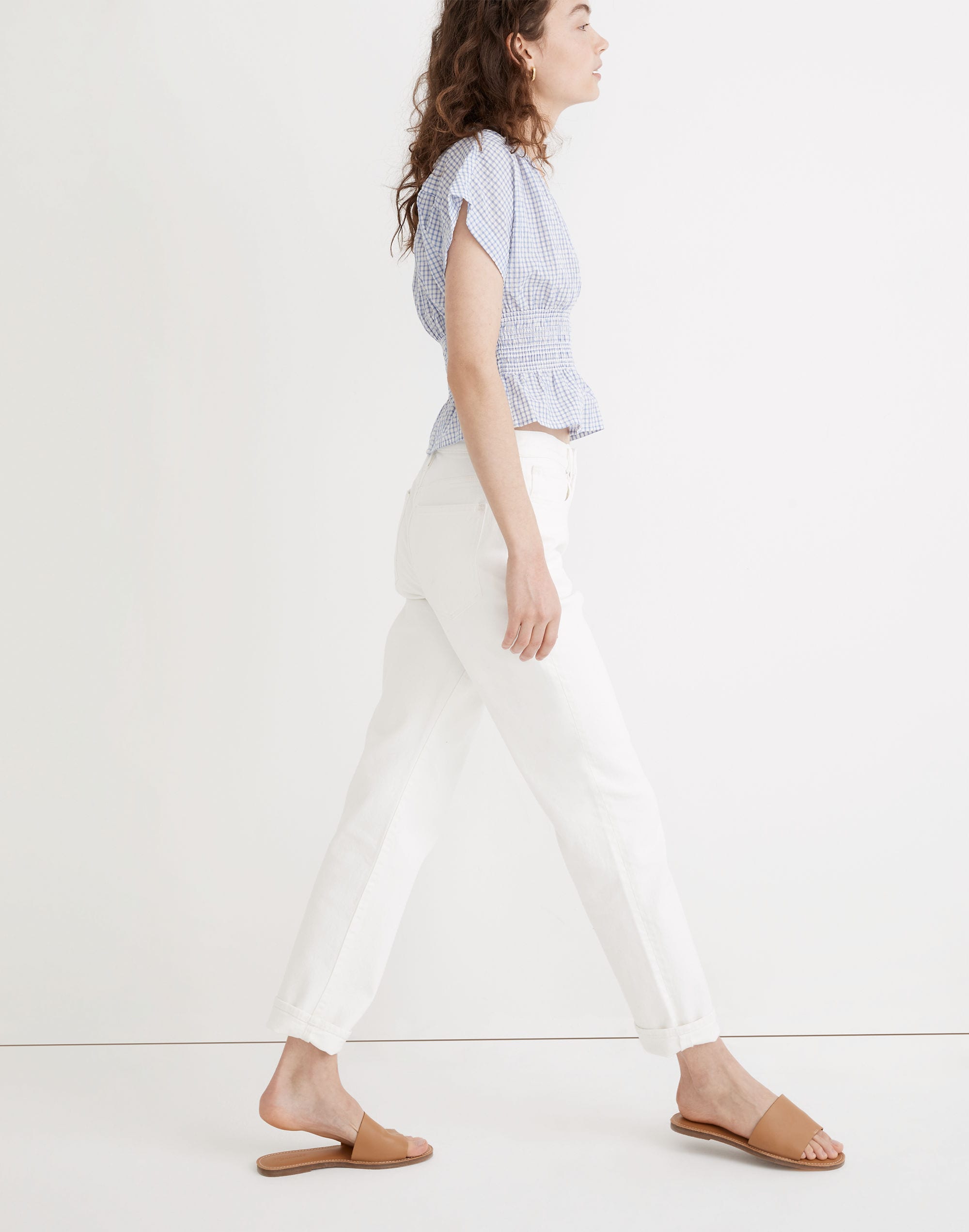 V-Neck Smocked-Waist Top in Gingham Seersucker