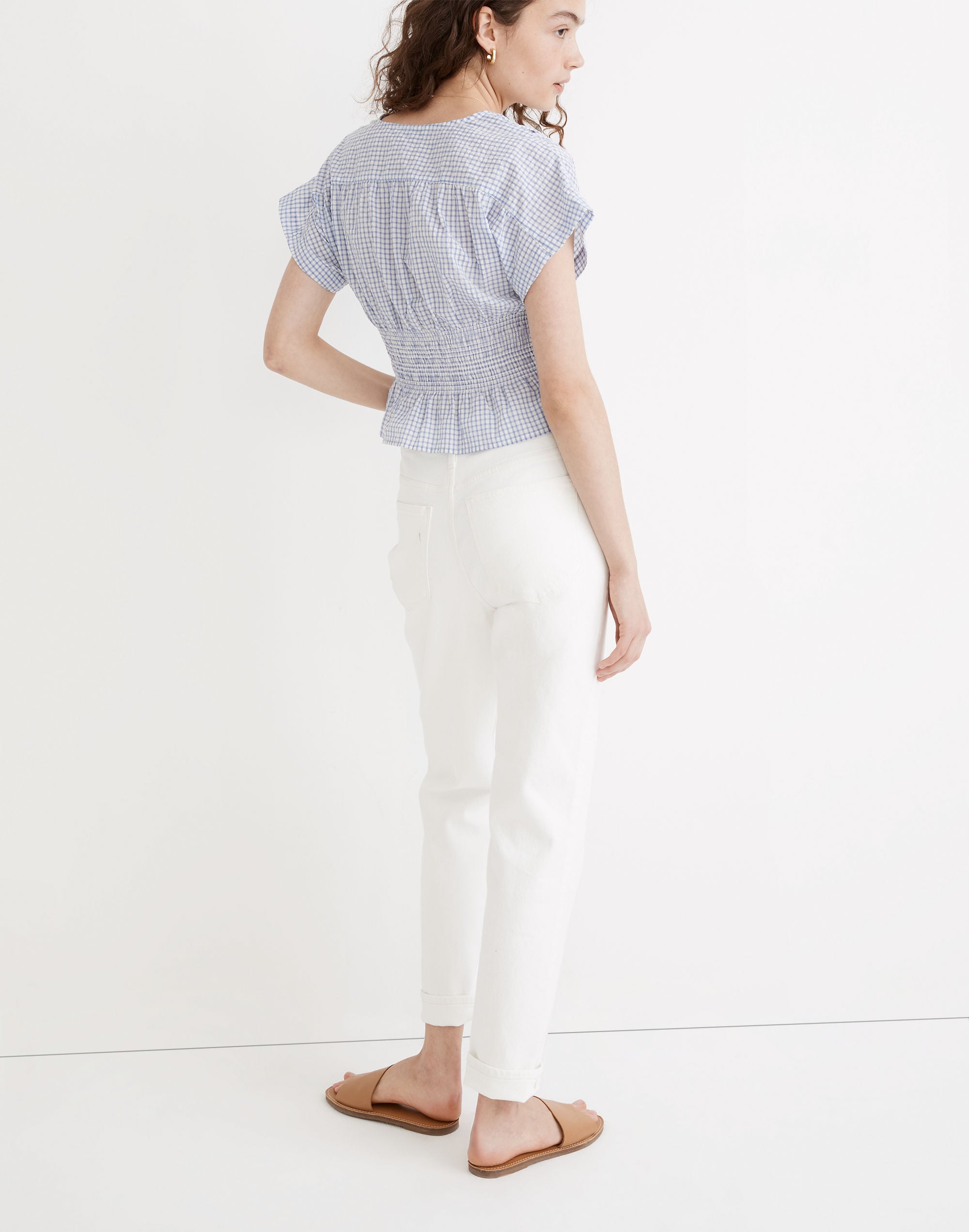 V-Neck Smocked-Waist Top in Gingham Seersucker