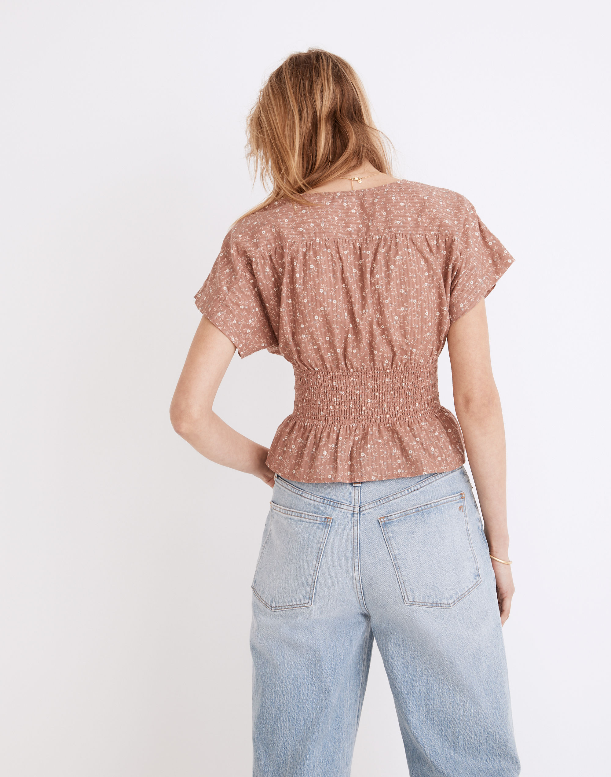 V-Neck Smocked-Waist Top in Daisy Stitch