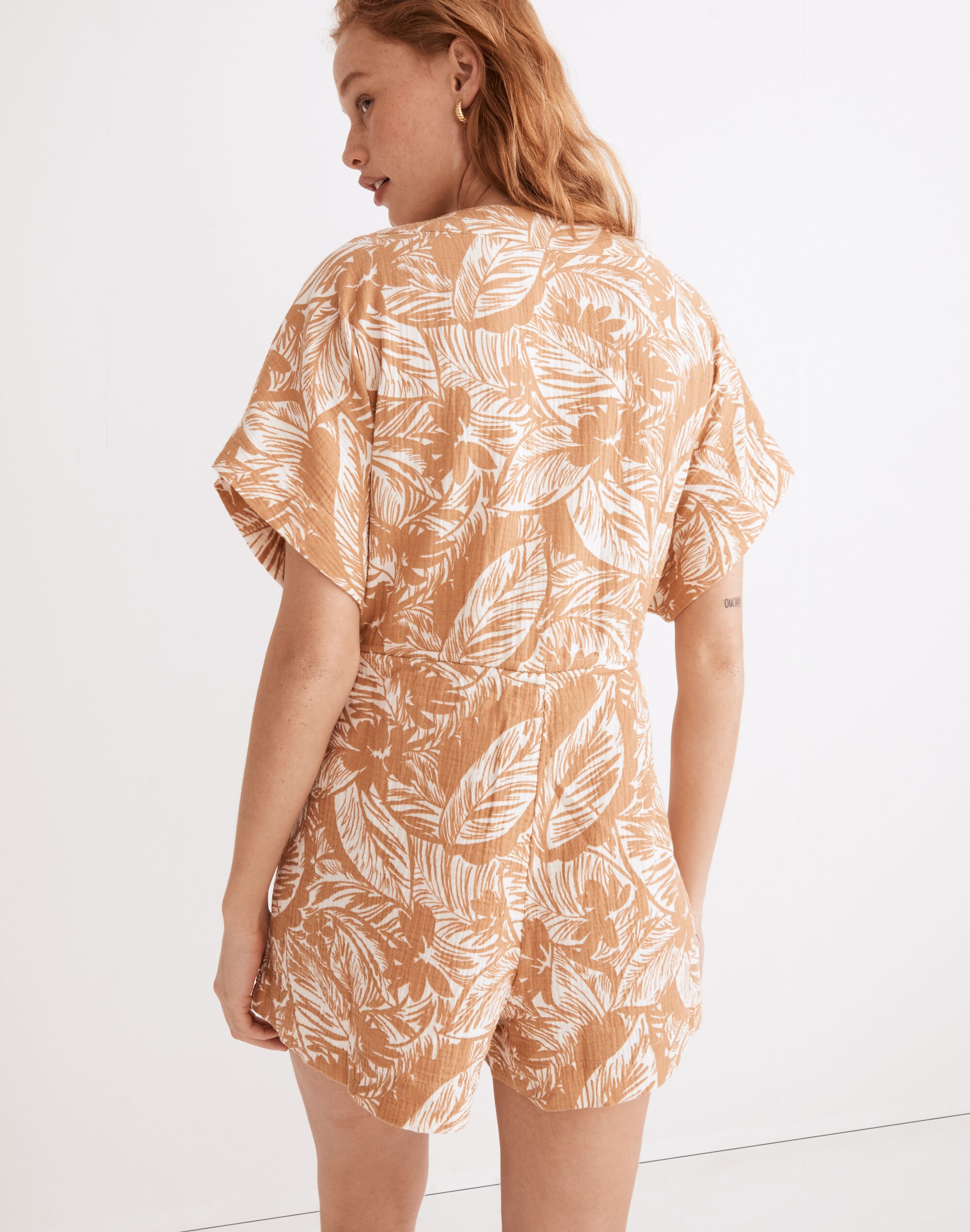 Lightestspun Drawstring Cover-Up Romper in Palm Leaves
