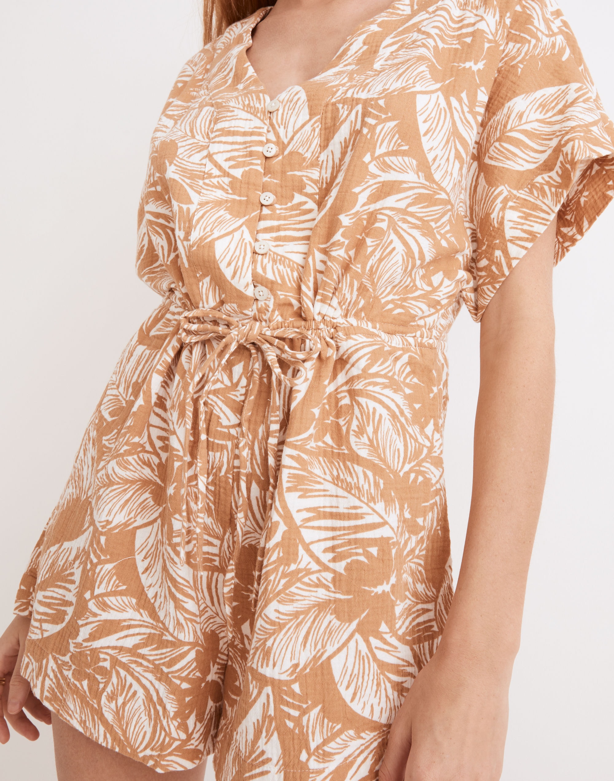 Lightestspun Drawstring Cover-Up Romper in Palm Leaves