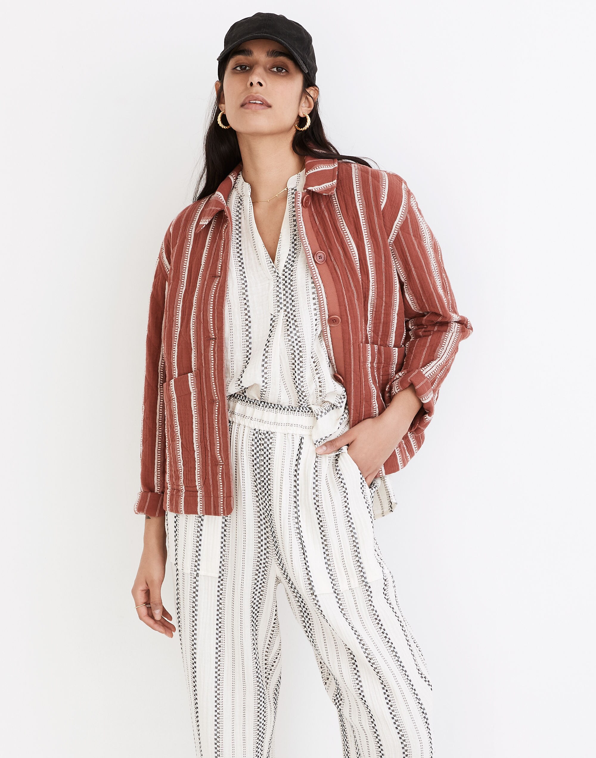 Quilted Lightspun Cropped Shirt-Jacket in Jacquard Stripe