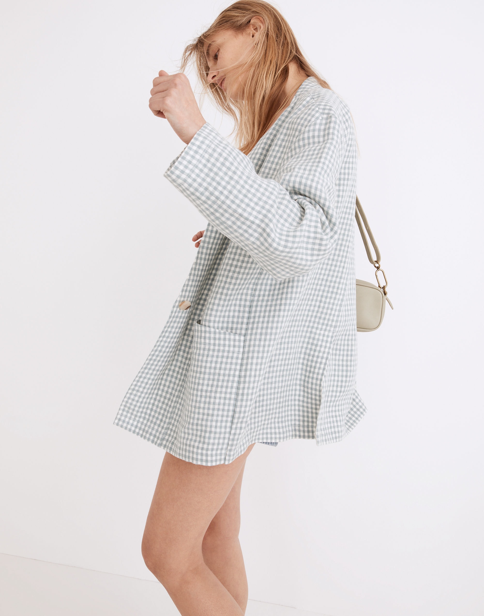 Linen Collarless Blazer in Gingham Check