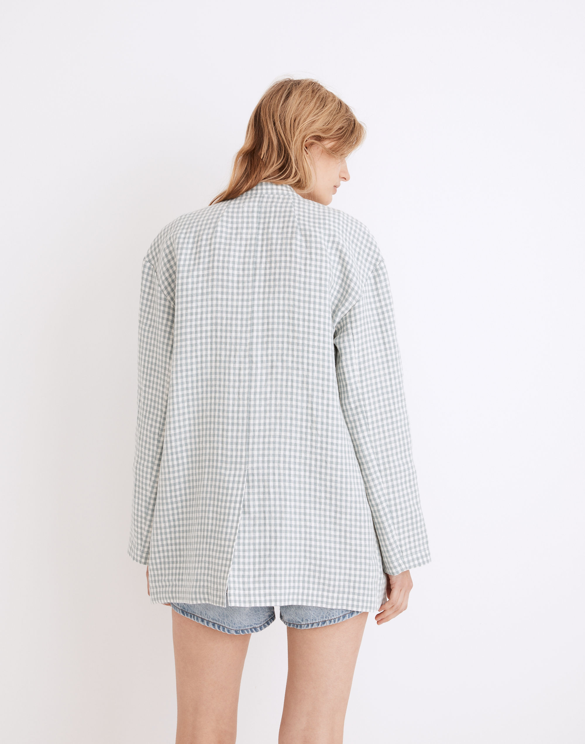 Linen Collarless Blazer in Gingham Check