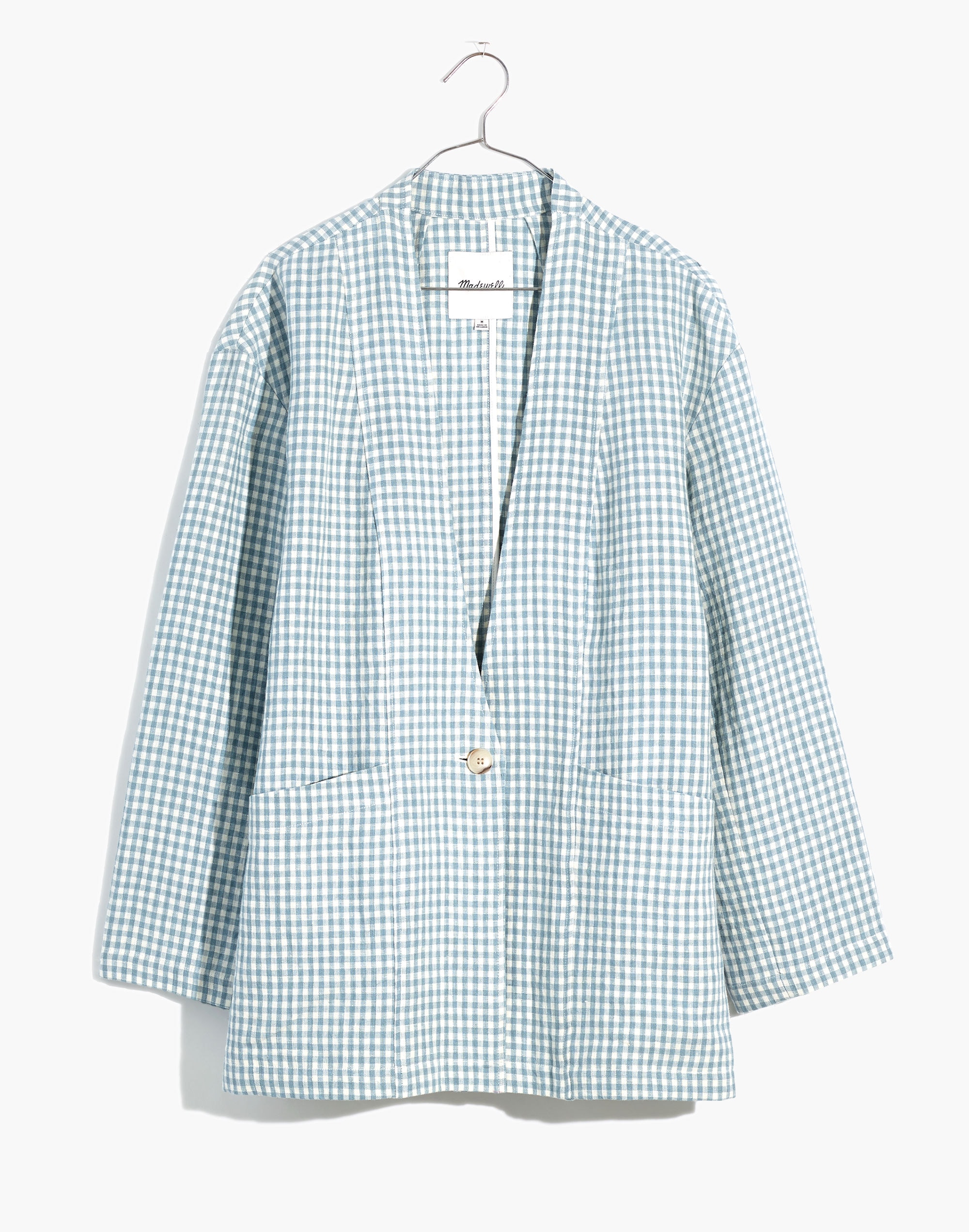 Linen Collarless Blazer in Gingham Check