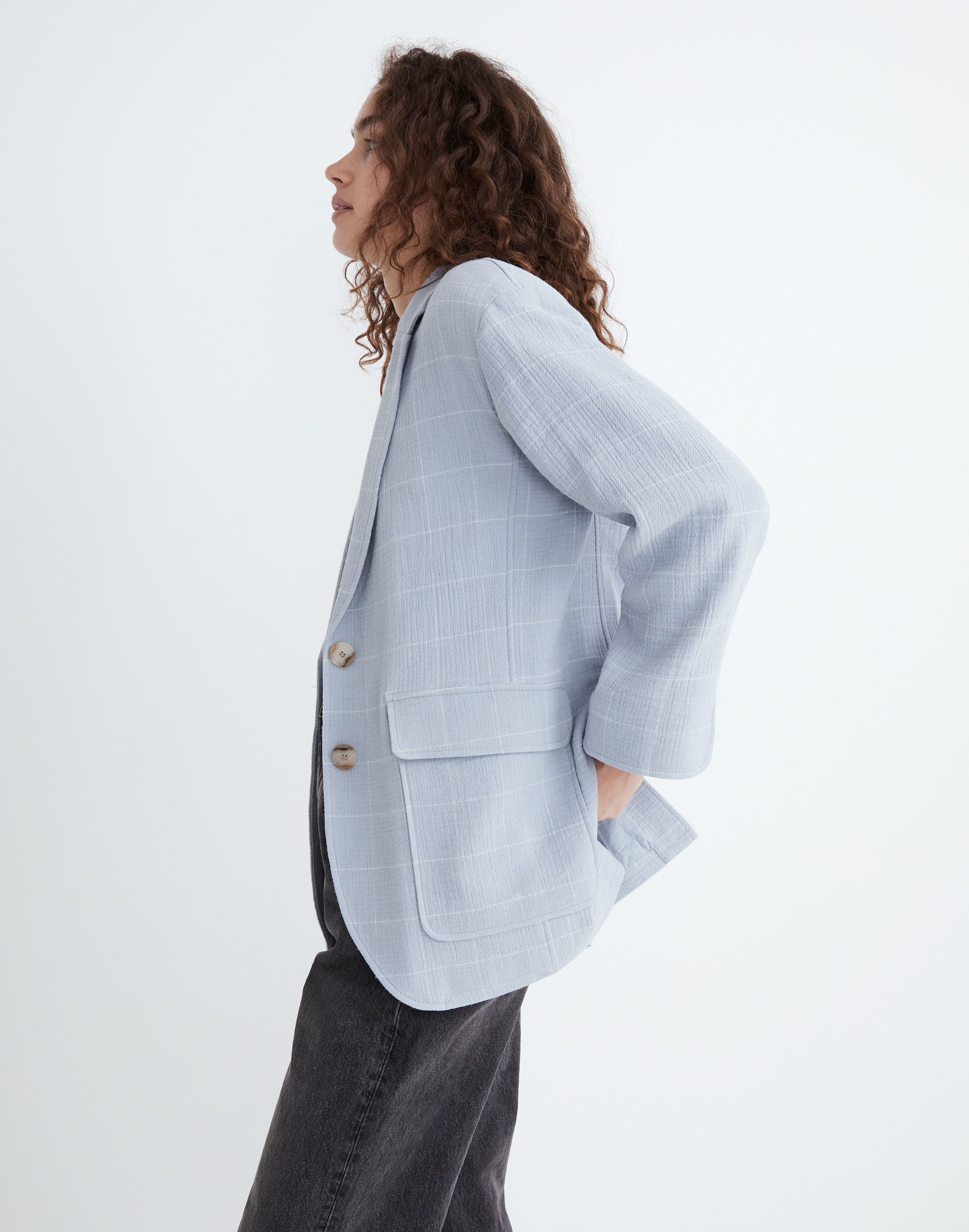 Cotton-Linen Relaxed Larsen Blazer in Windowpane