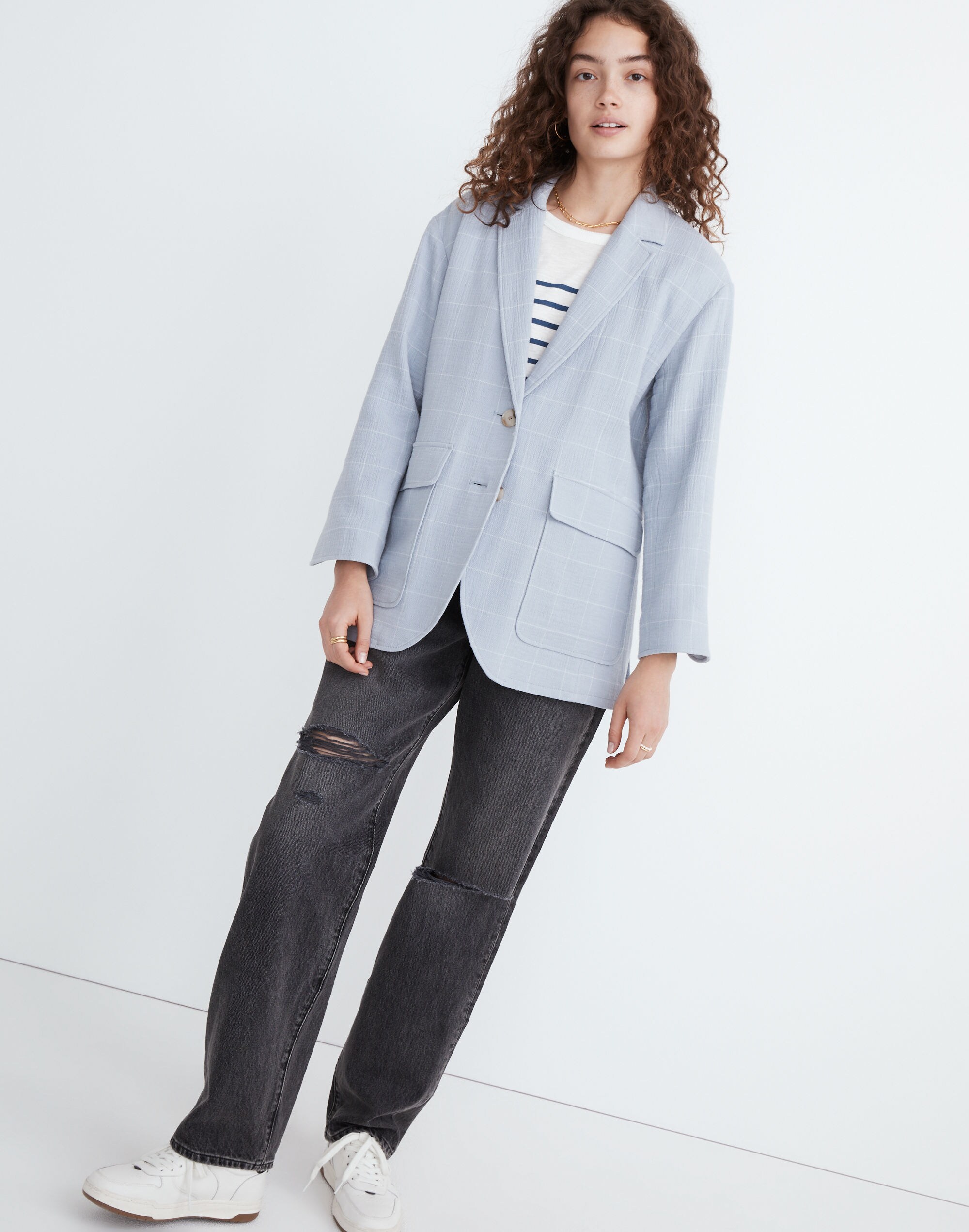 Cotton-Linen Relaxed Larsen Blazer in Windowpane