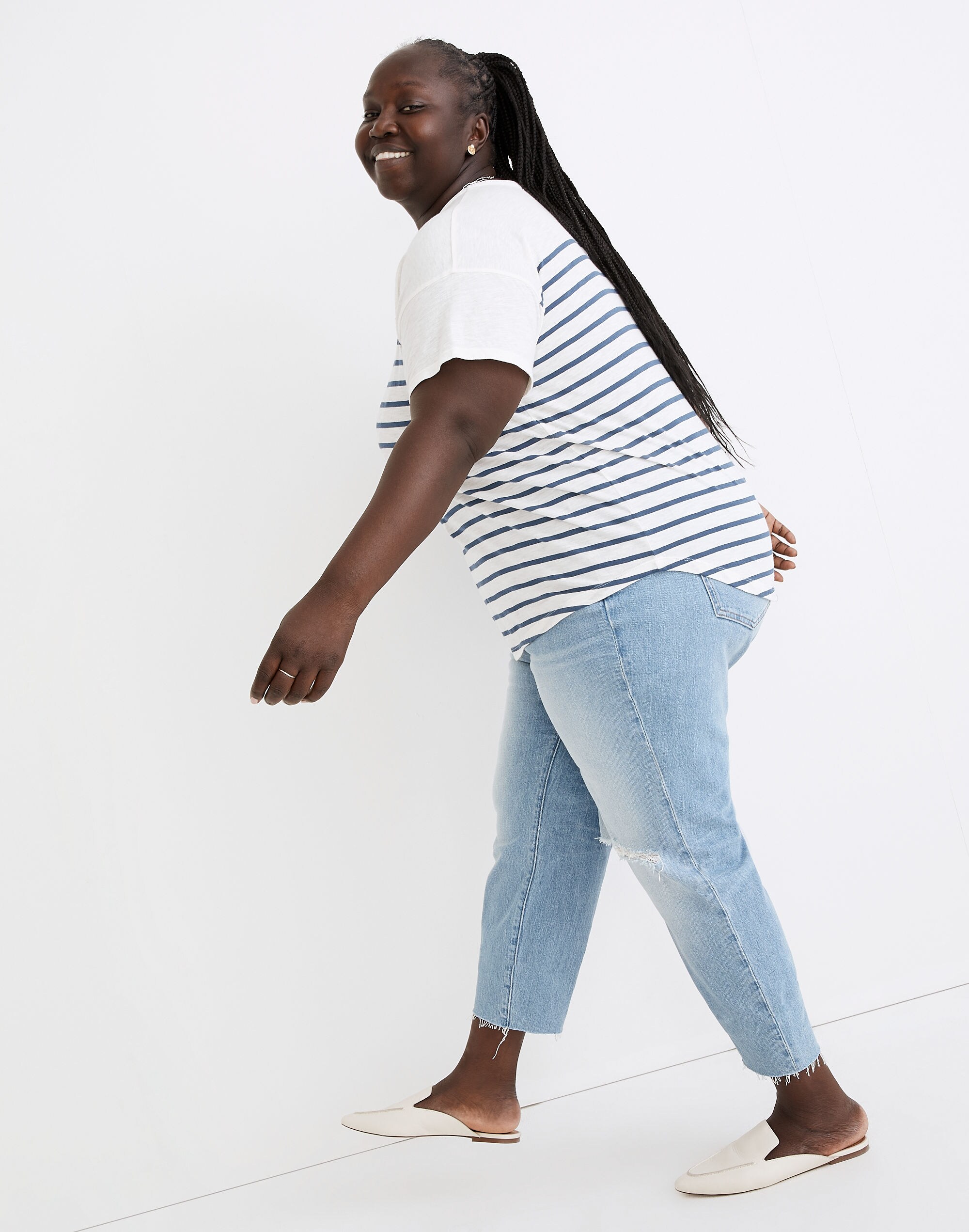 Plus Whisper Cotton Rib-Crewneck Tee in Nautical Stripe