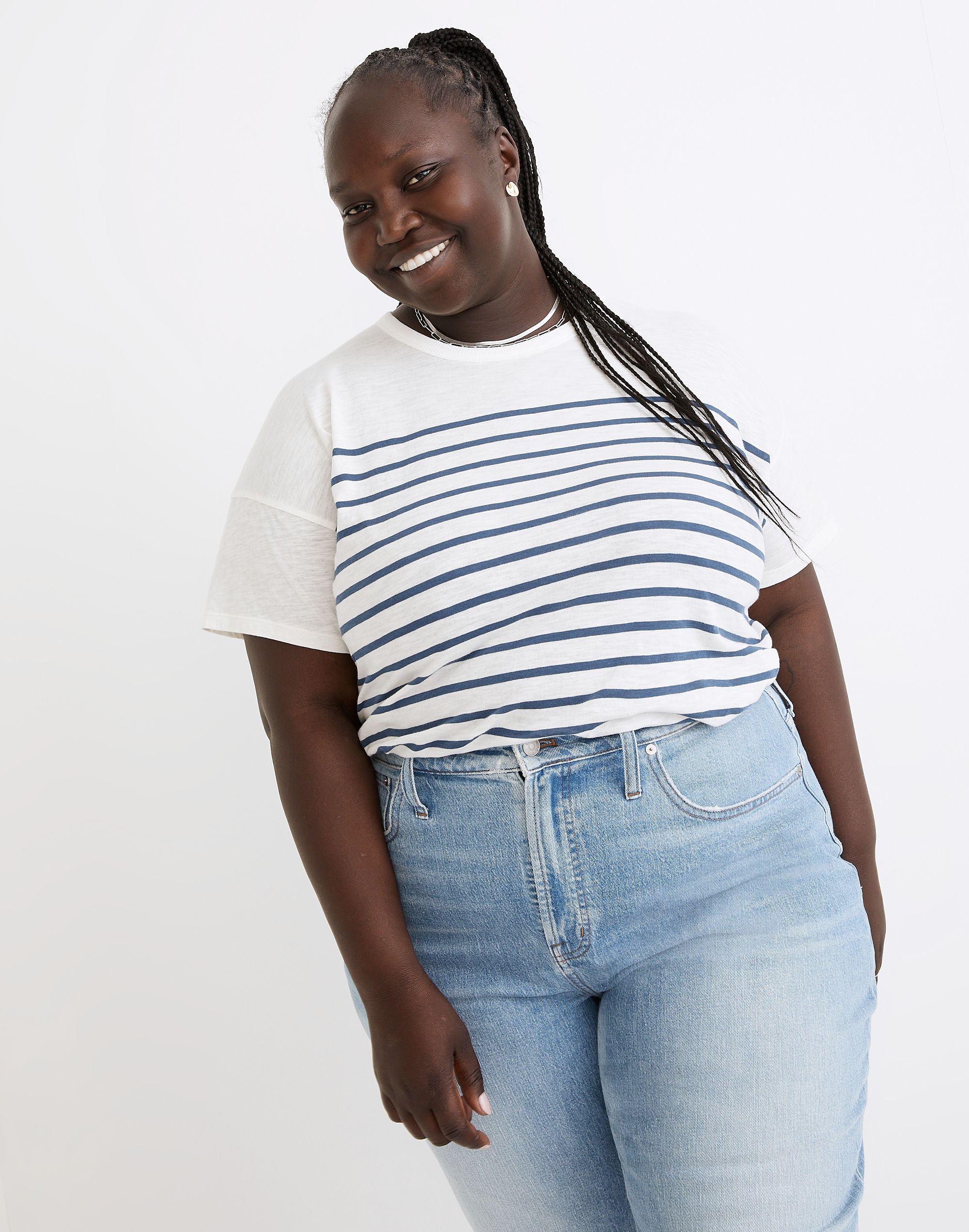 Plus Whisper Cotton Rib-Crewneck Tee in Nautical Stripe