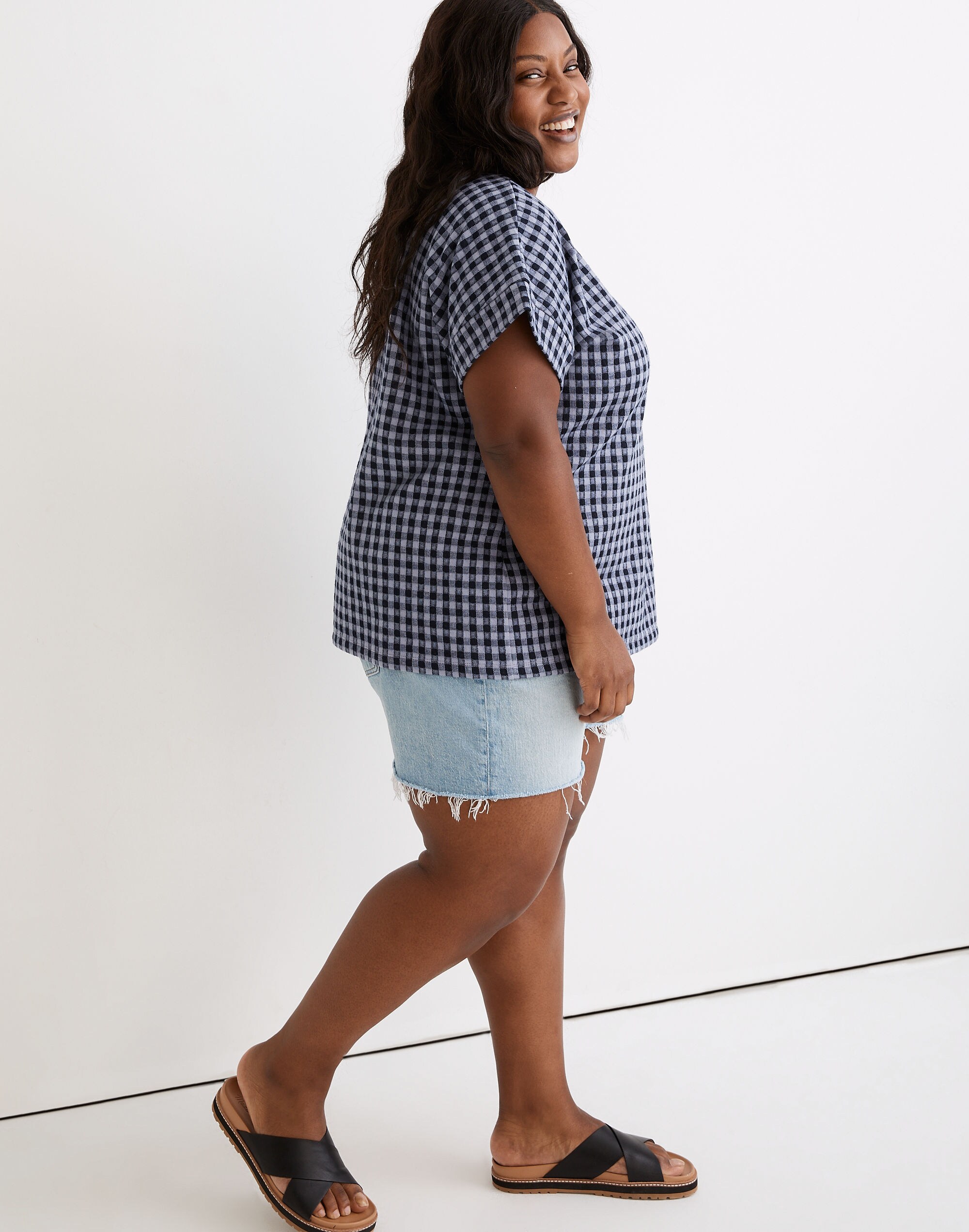 Plus Gingham Knit Seersucker Button-Shoulder Top