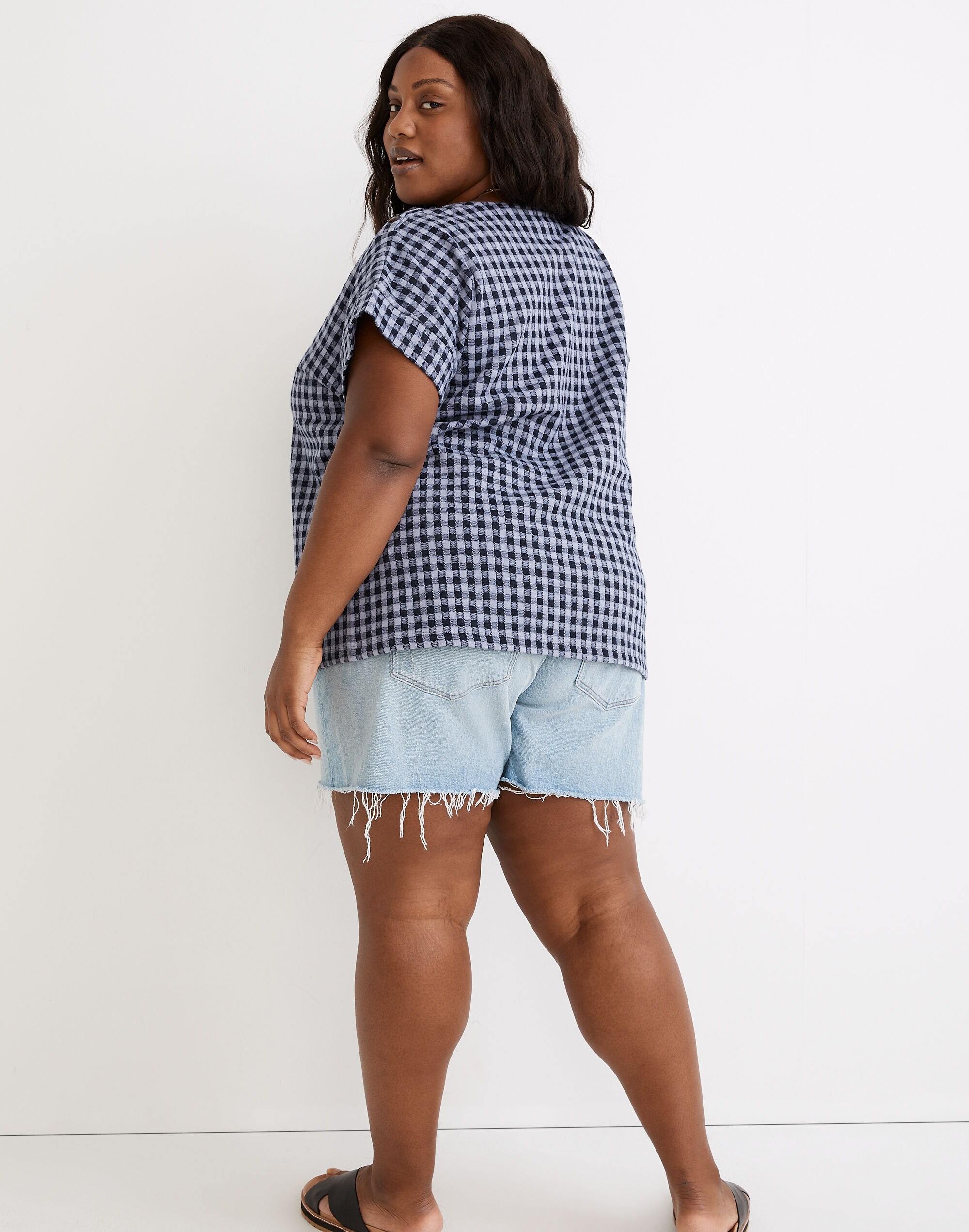 Plus Gingham Knit Seersucker Button-Shoulder Top