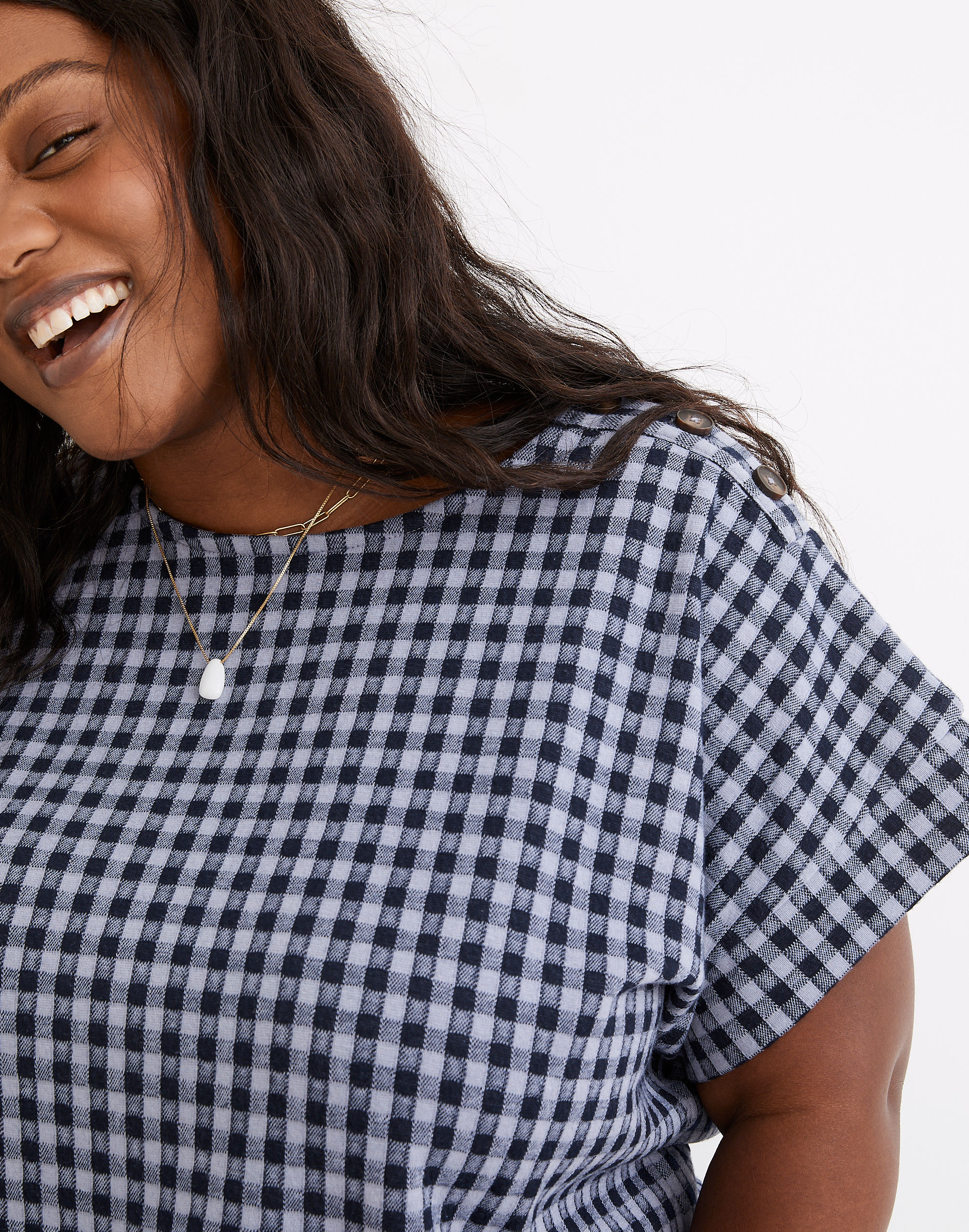Plus Gingham Knit Seersucker Button-Shoulder Top
