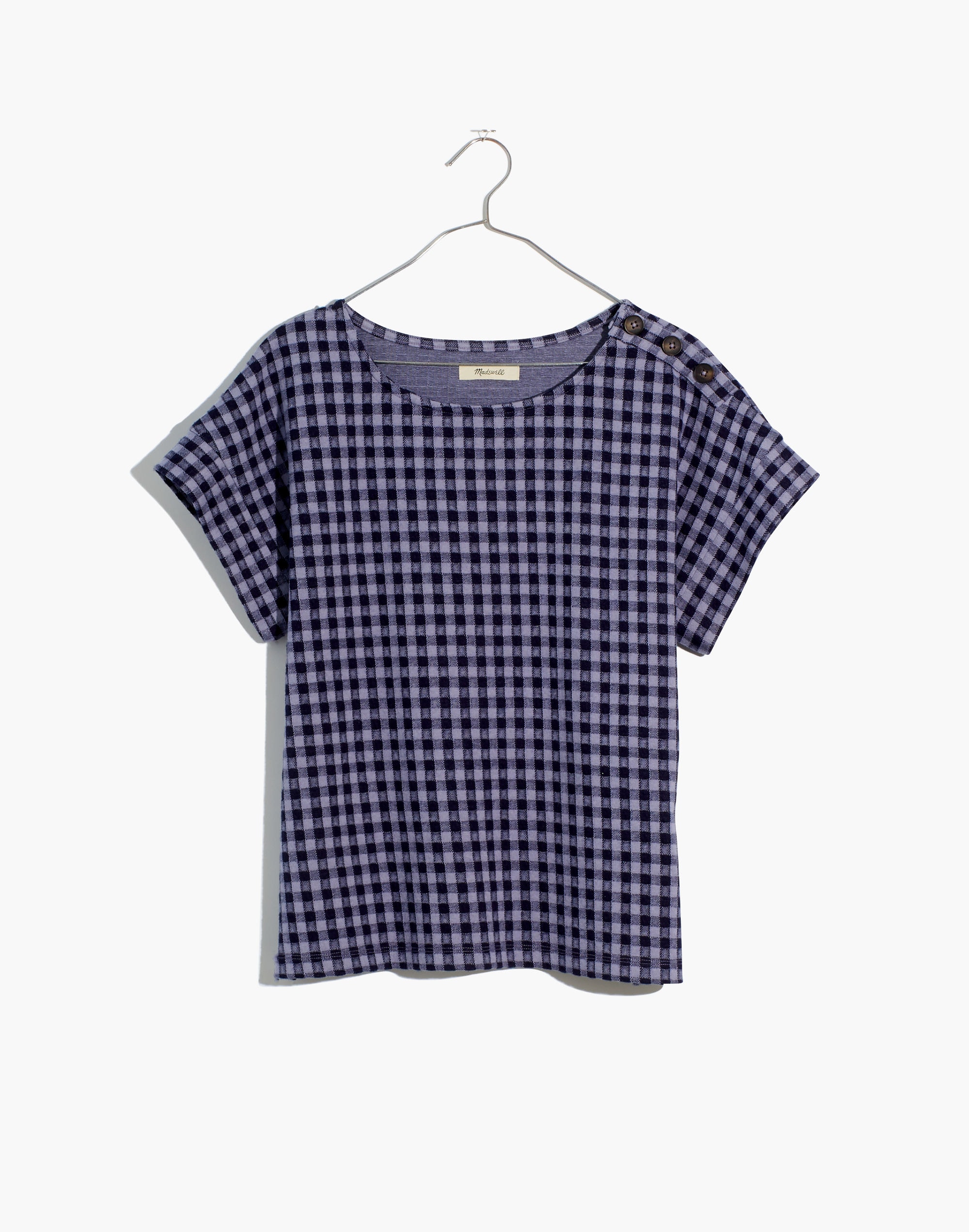 Plus Gingham Knit Seersucker Button-Shoulder Top