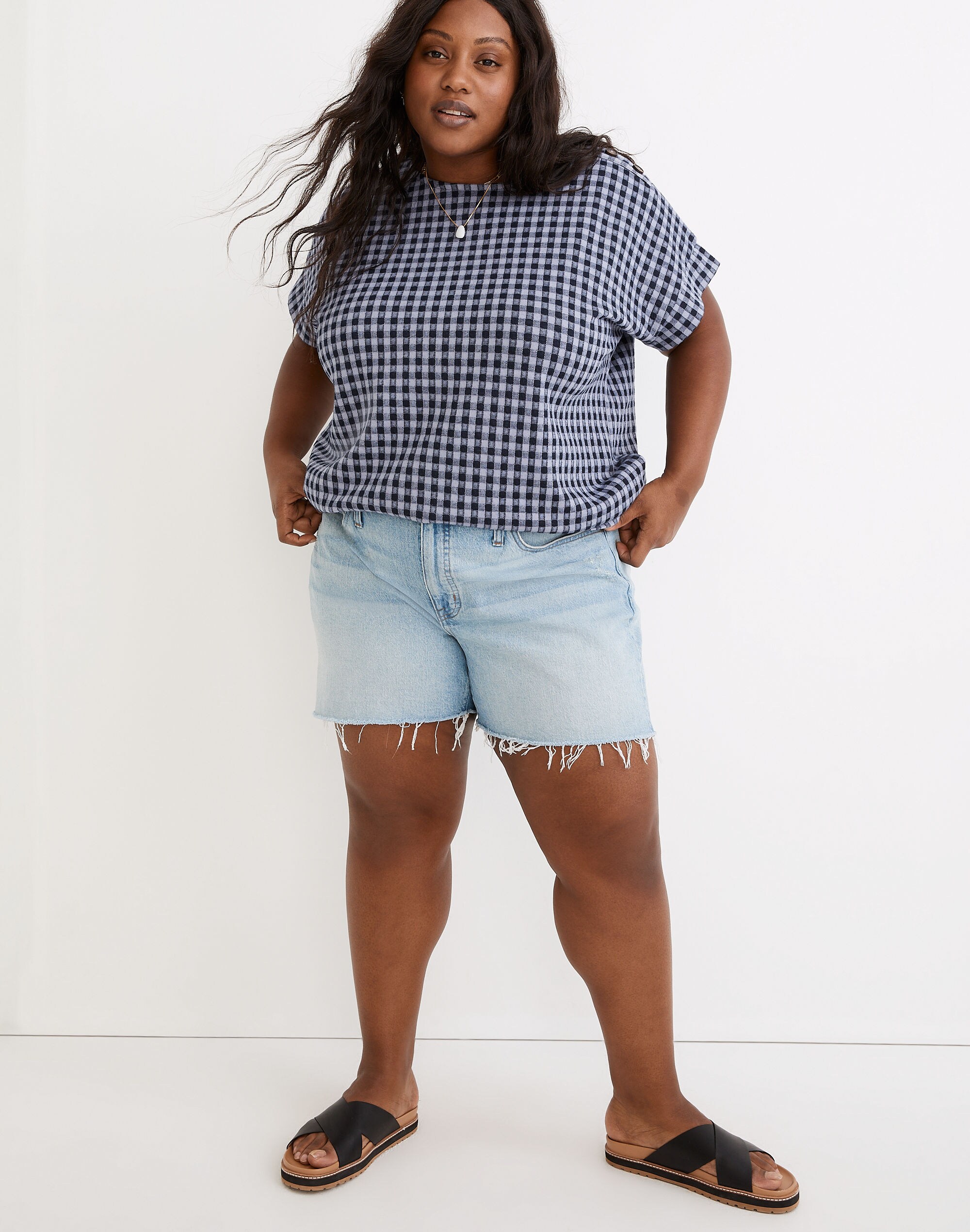 Plus Gingham Knit Seersucker Button-Shoulder Top