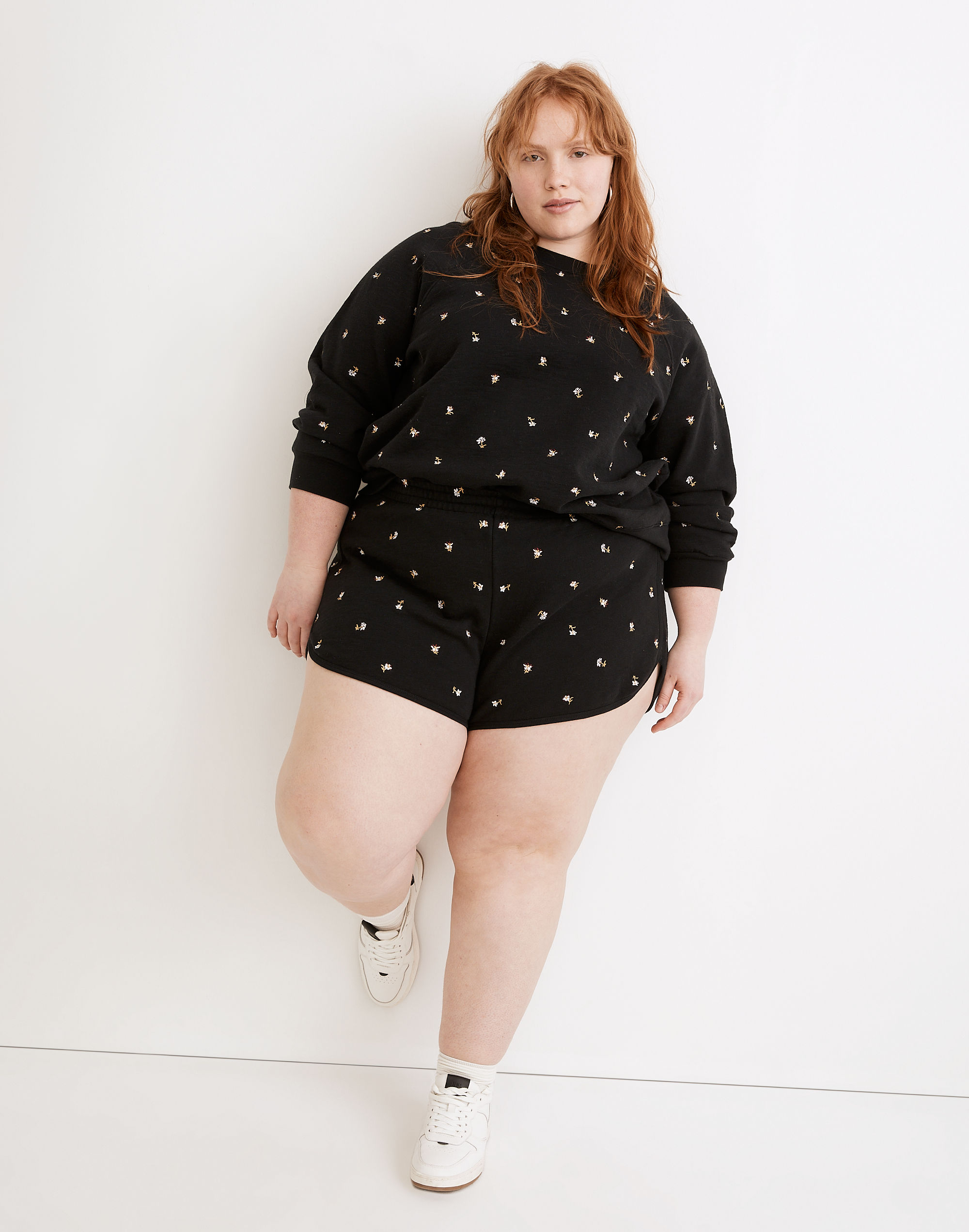 Plus MWL Embroidered Curved-Hem Sweatshorts in Spring Floral