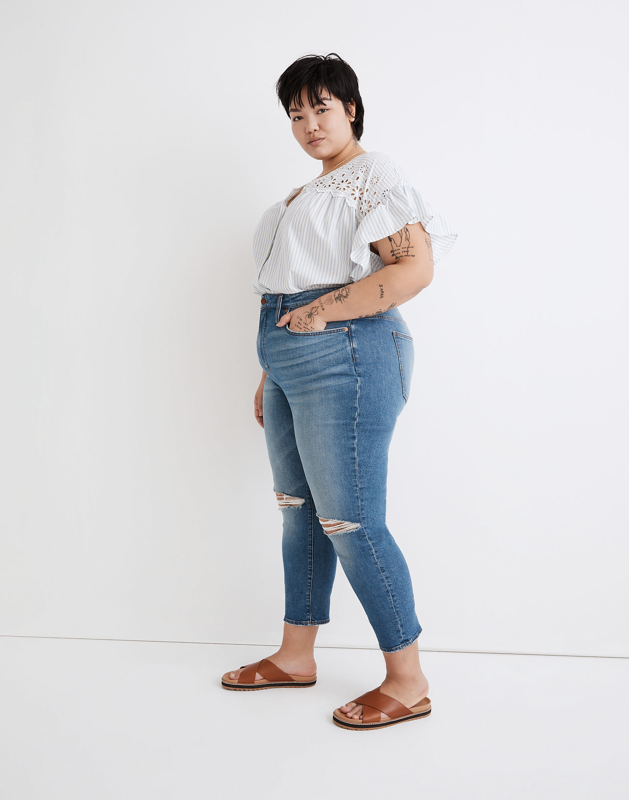 The Plus Perfect Vintage Crop Jean in Gooding Wash: Knee-Rip Edition