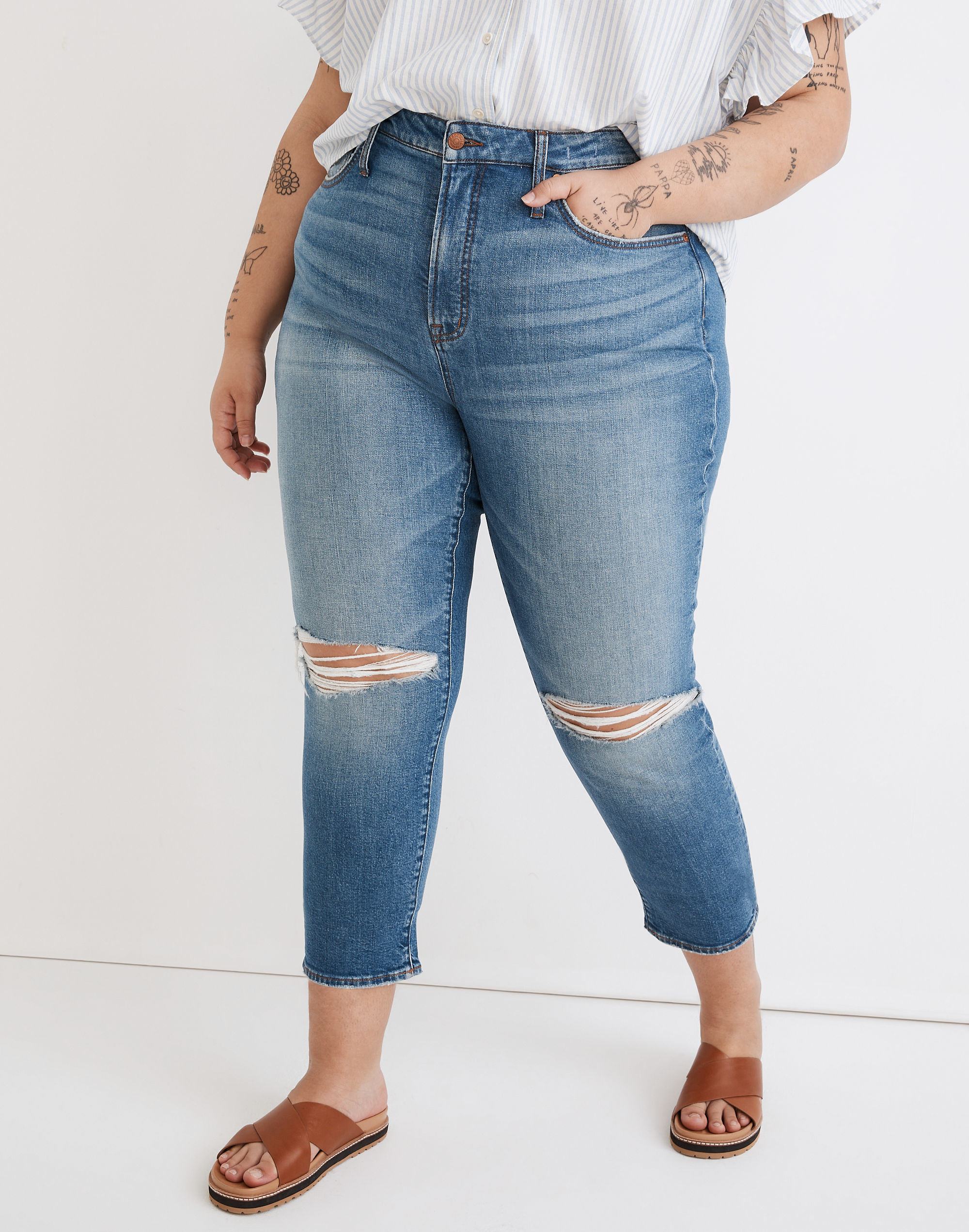 The Plus Perfect Vintage Crop Jean in Gooding Wash: Knee-Rip Edition