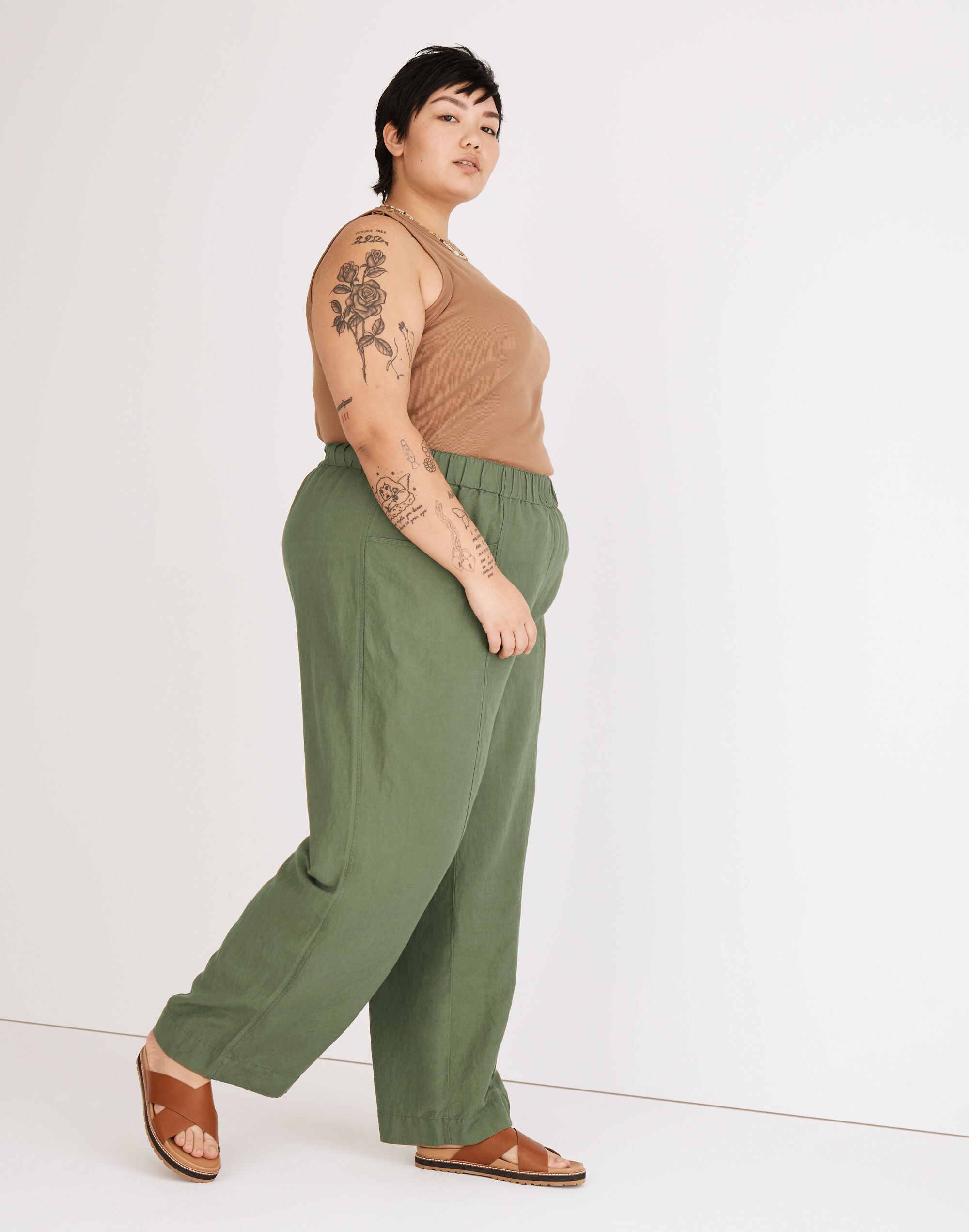 Plus Linen-Blend Pull-On High-Rise Wide-Leg Pants