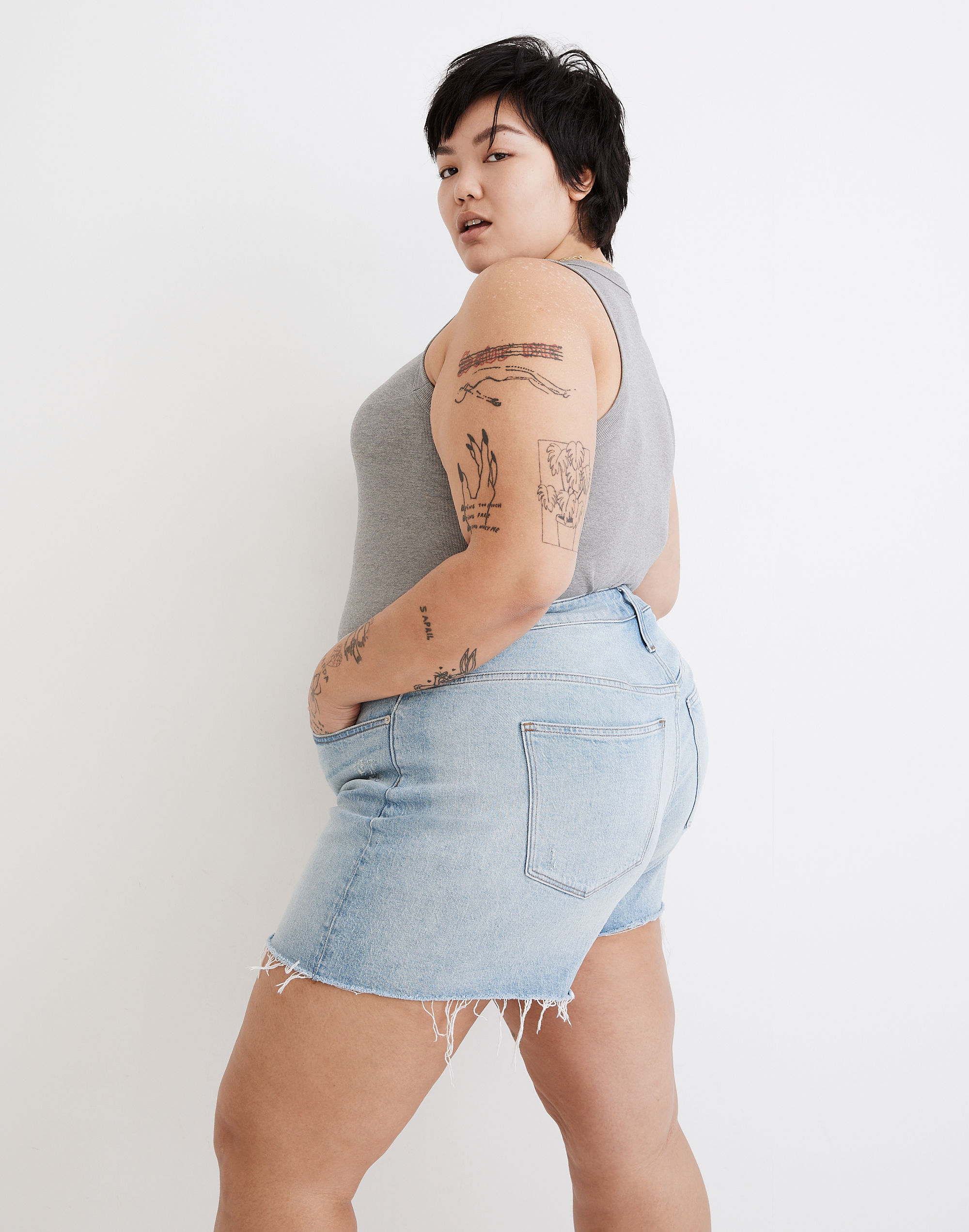 Plus High-Rise Denim Shorts in Astell Wash: Ripped Edition