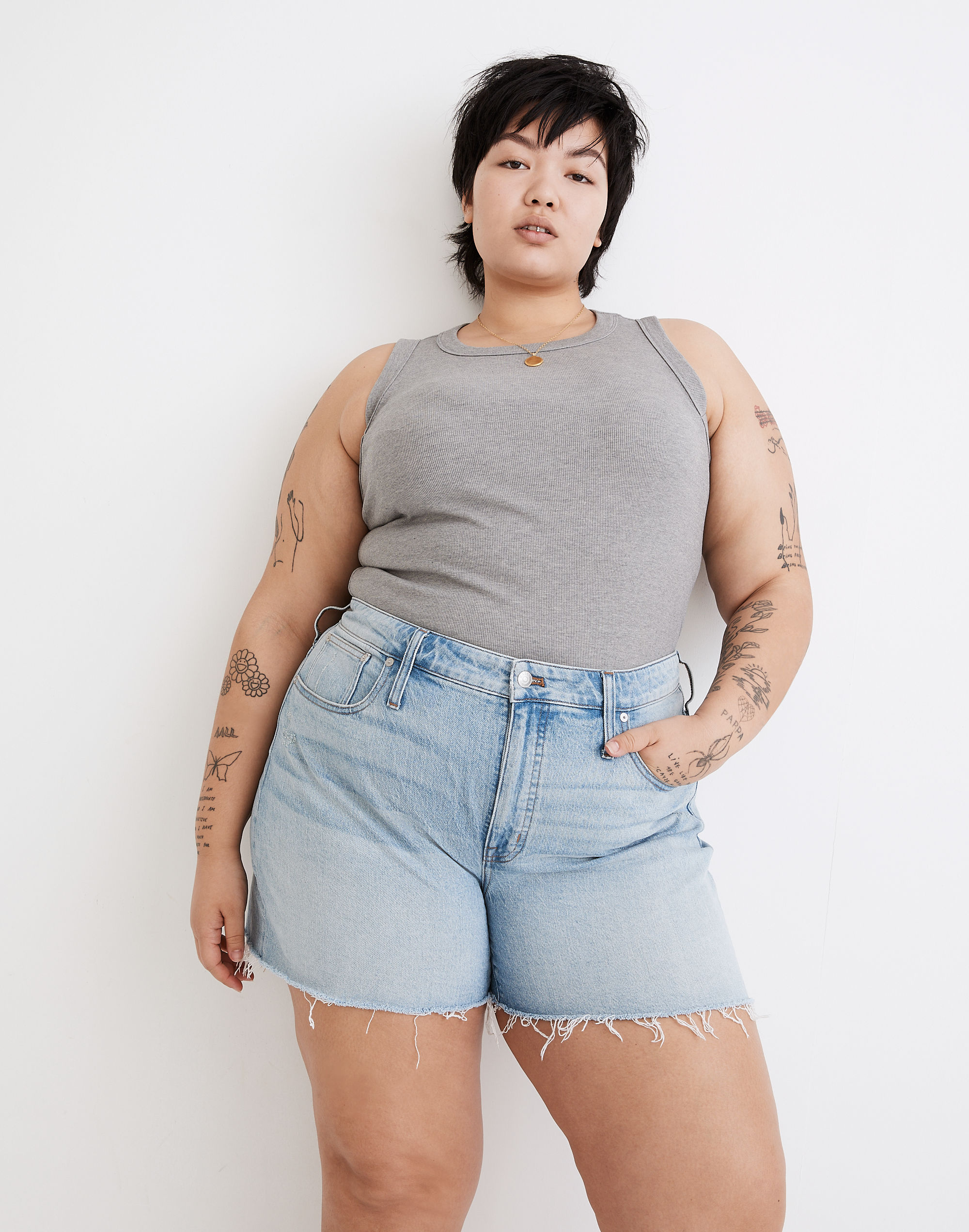 Plus High-Rise Denim Shorts in Astell Wash: Ripped Edition