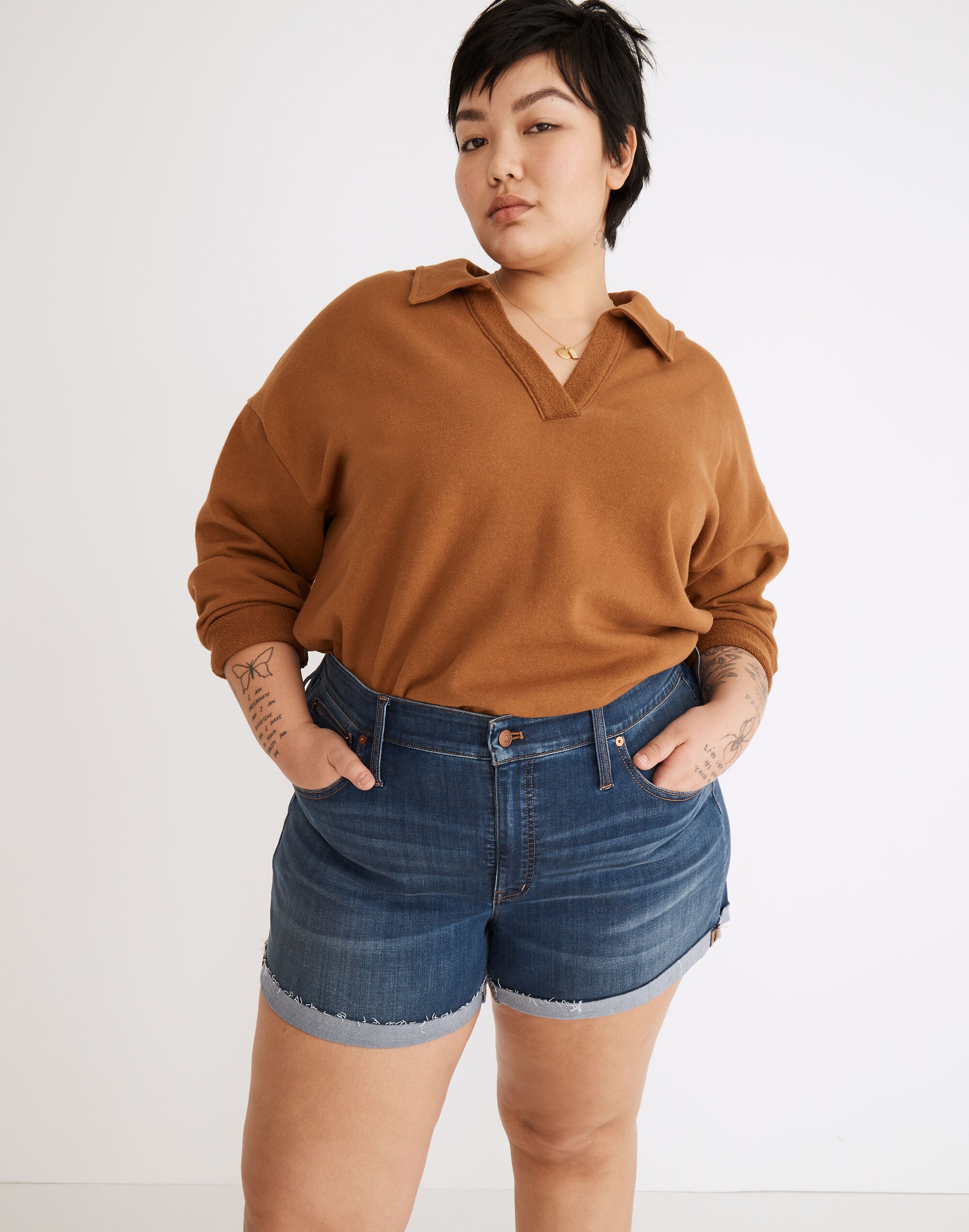 Plus High-Rise Denim Shorts in Danny Wash: TENCEL&trade; Denim Edition