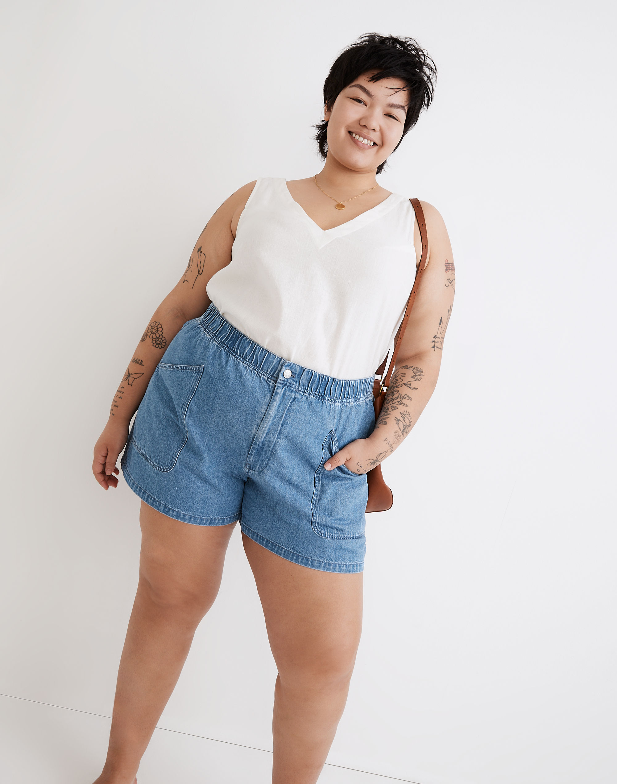 Plus Denim Pull-On Utility Shorts in Grandfield Wash