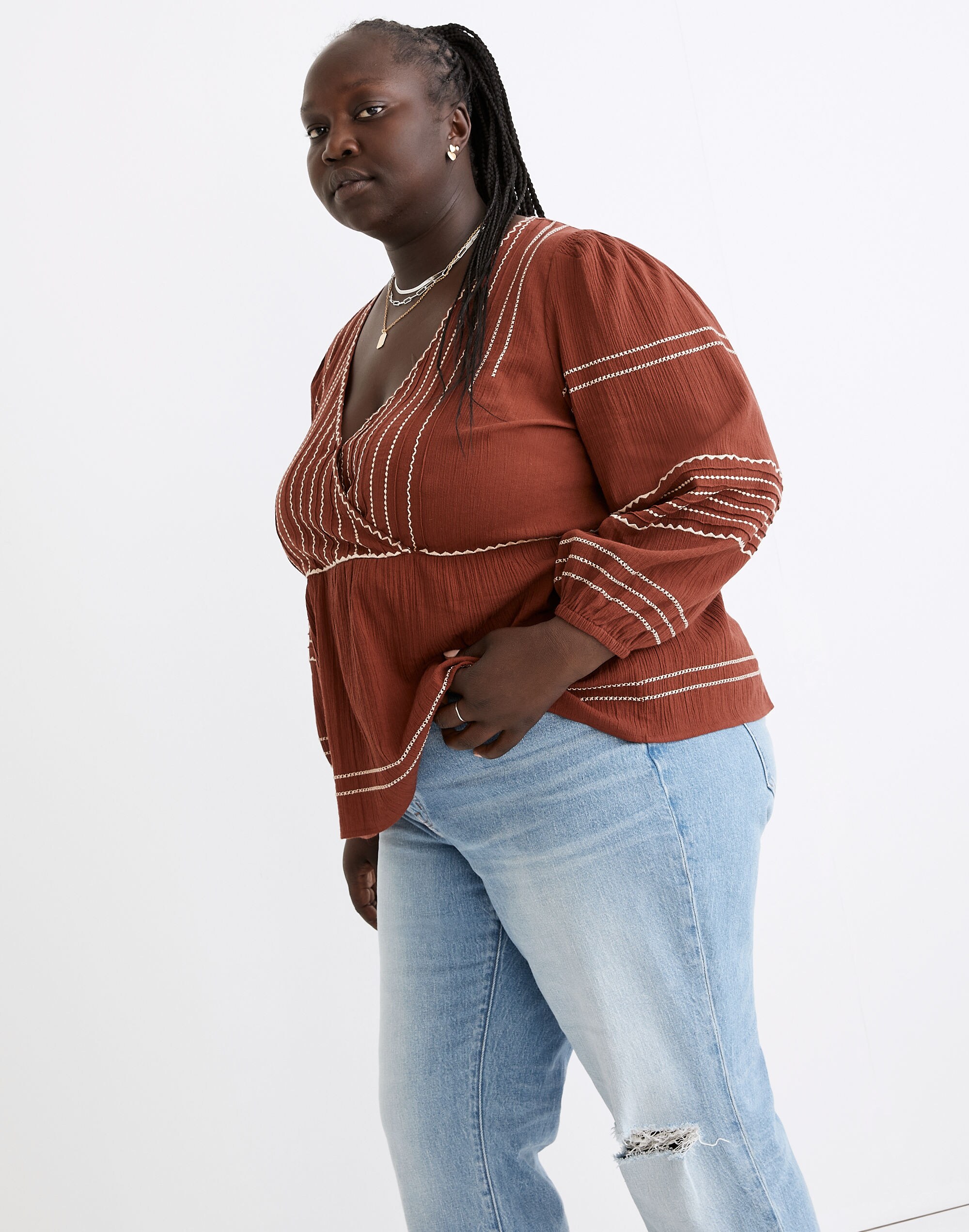 Plus Embroidered Faux-Wrap Top