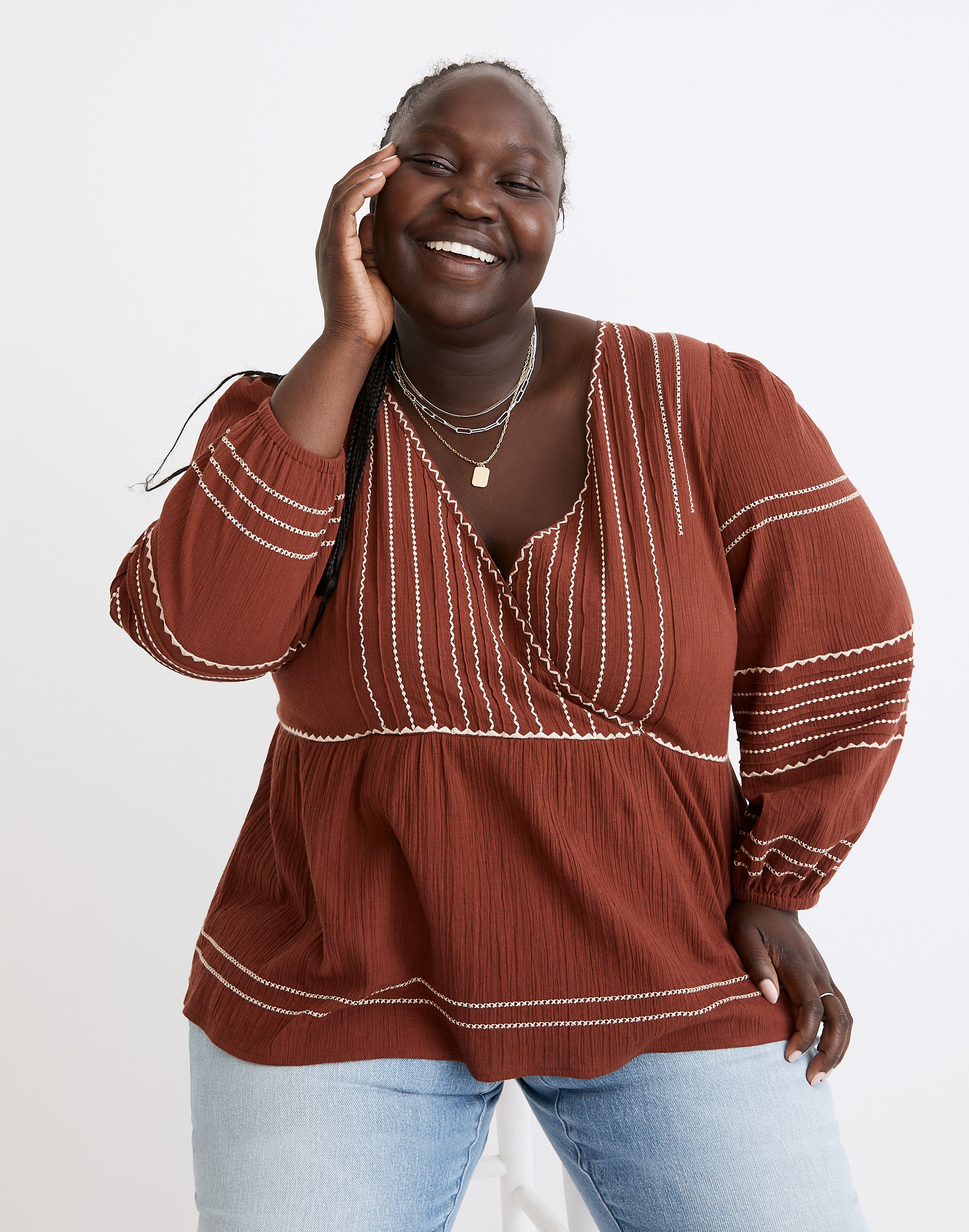 Plus Embroidered Faux-Wrap Top