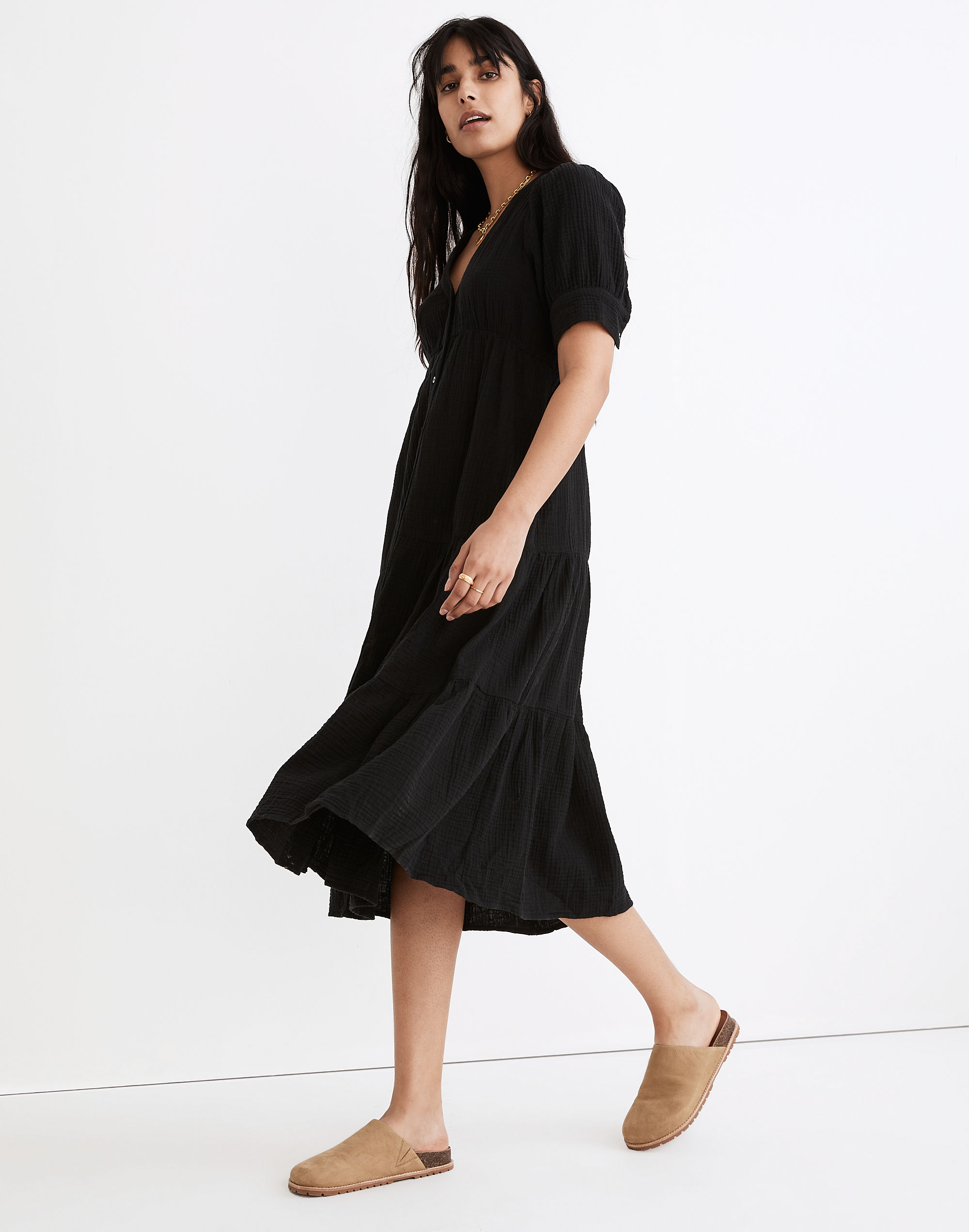 Lightspun Button-Front Tiered Midi Dress