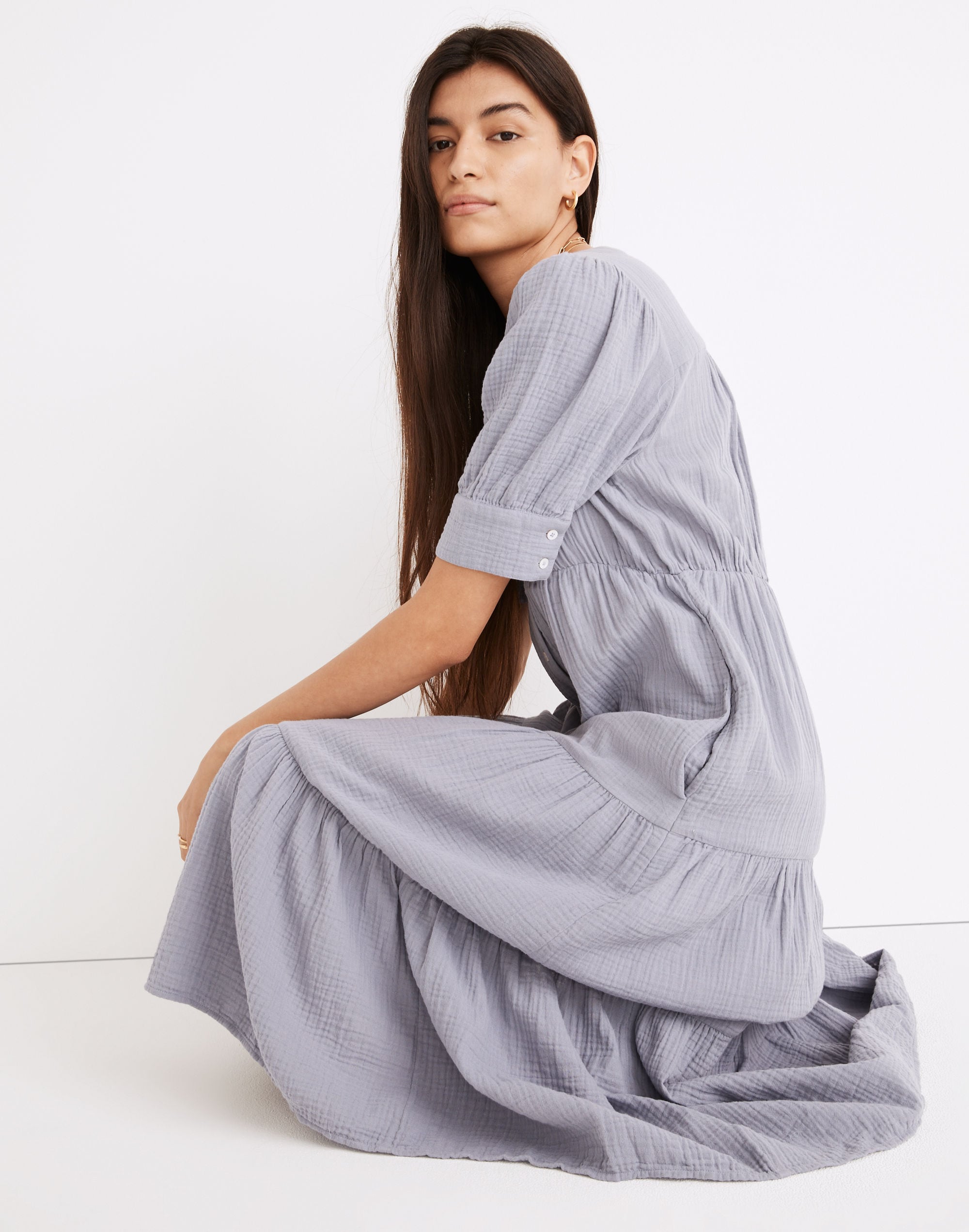 Petite Lightspun Button-Front Tiered Midi Dress