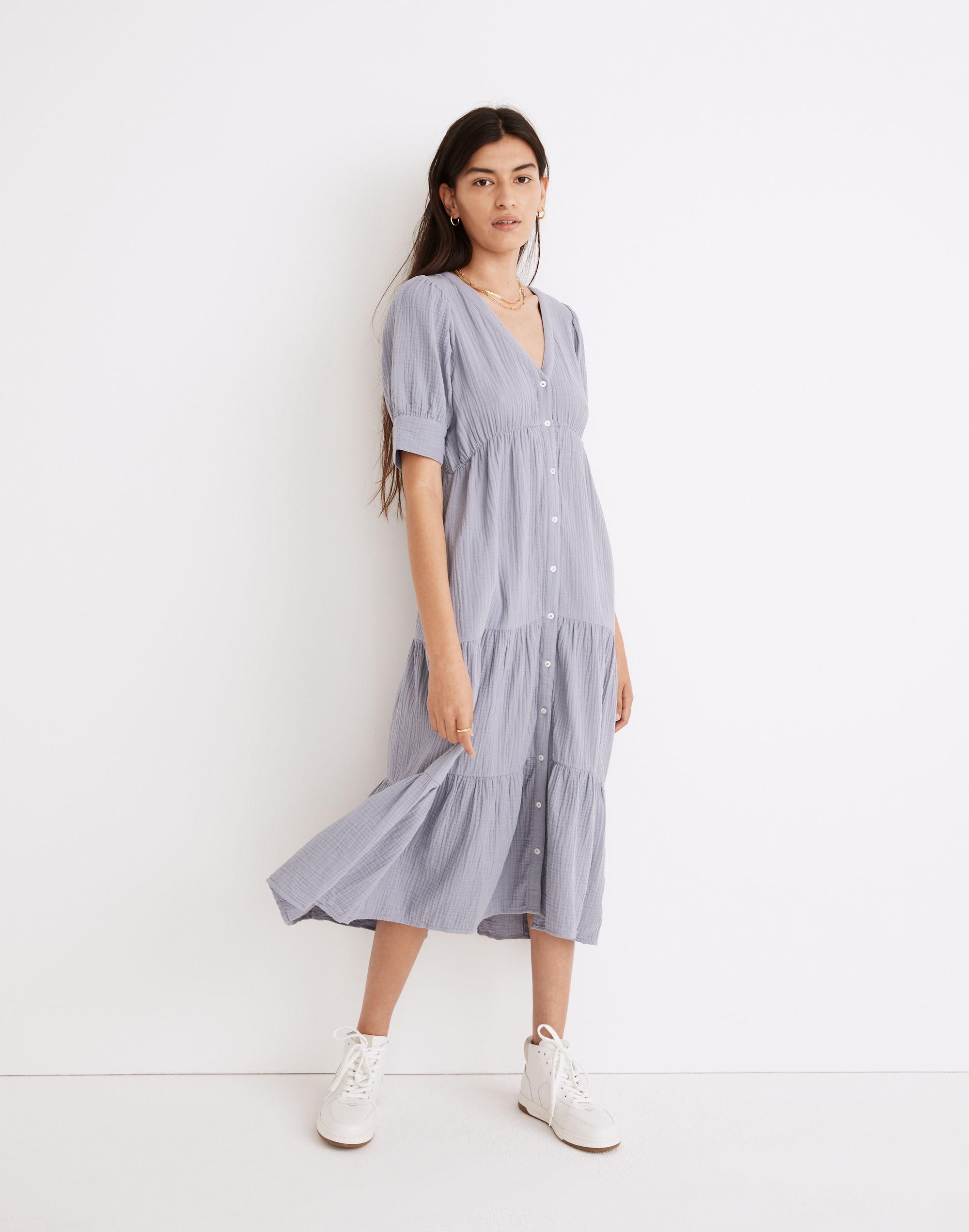 Petite Lightspun Button-Front Tiered Midi Dress