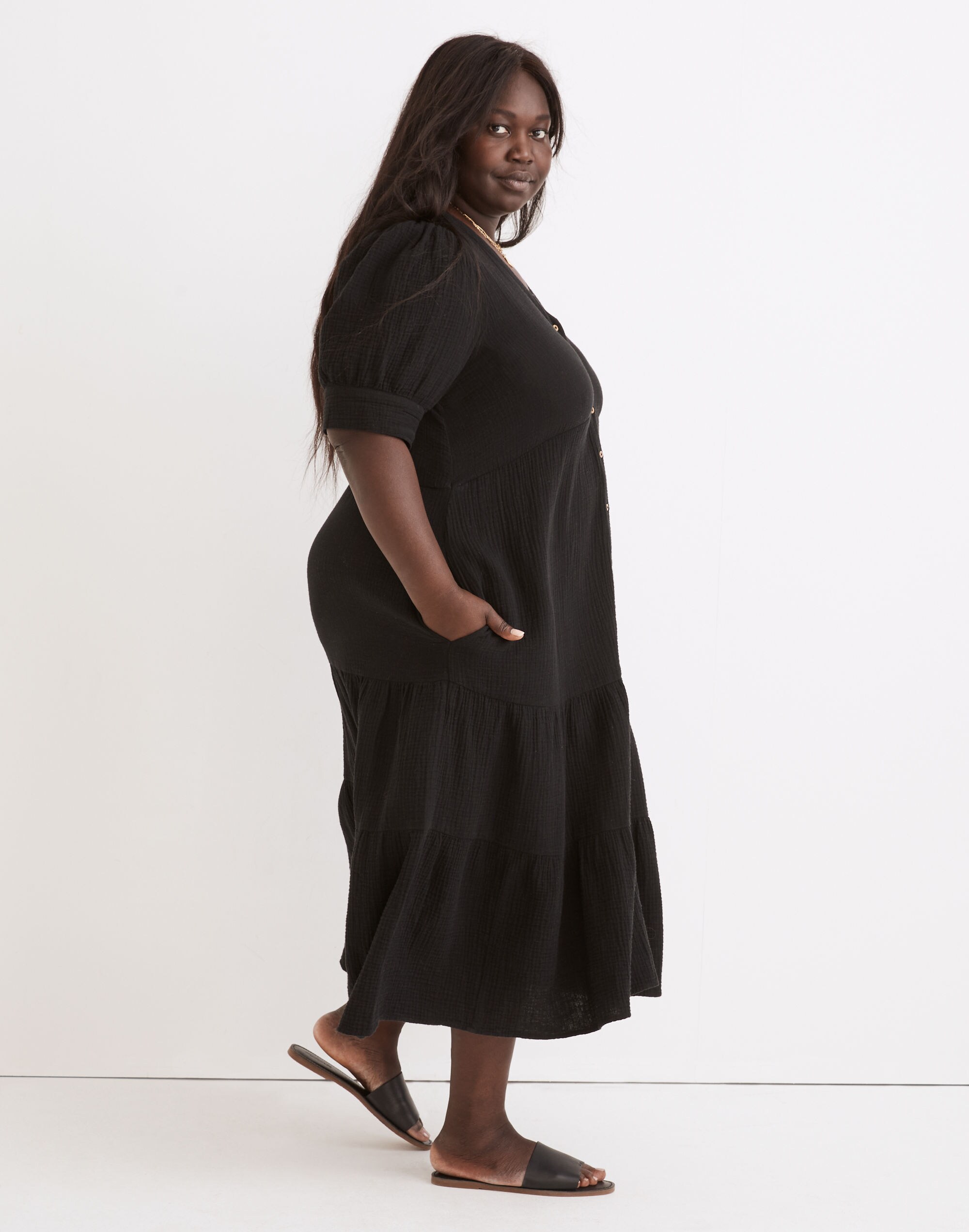 Plus Lightspun Button-Front Tiered Midi Dress