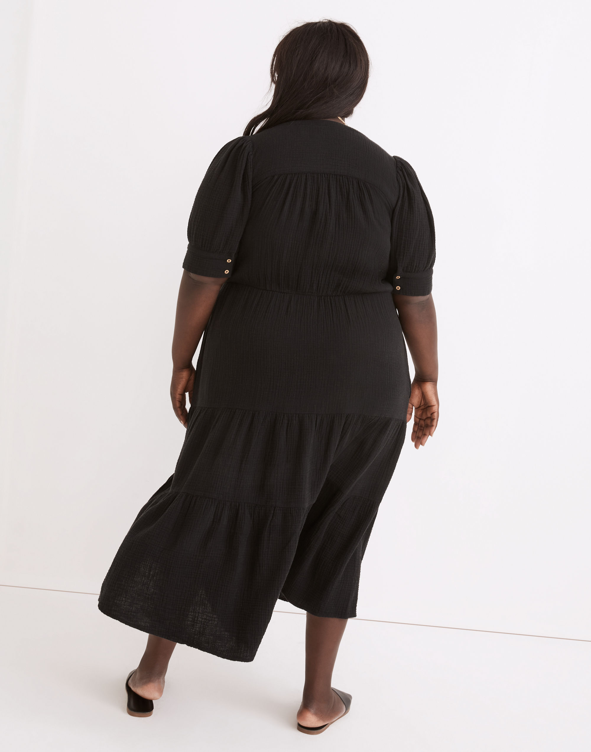 Plus Lightspun Button-Front Tiered Midi Dress