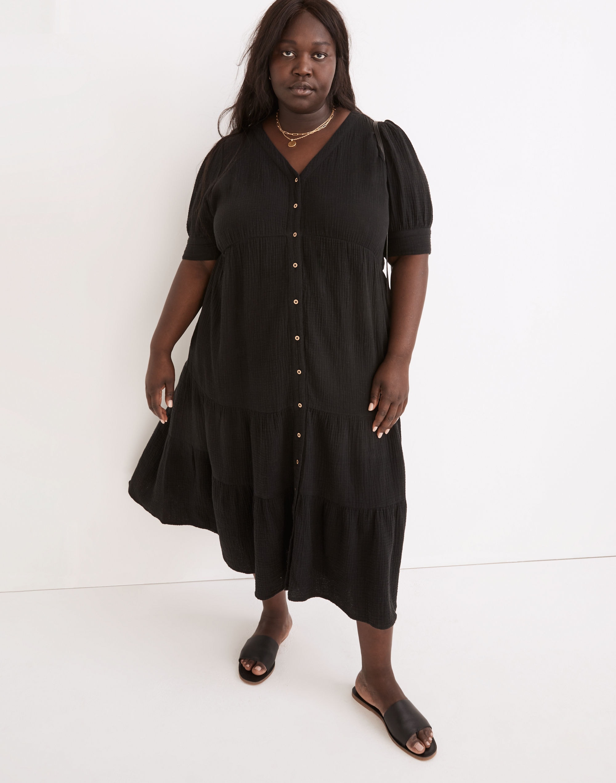 plus lightspun button-front tiered midi dress