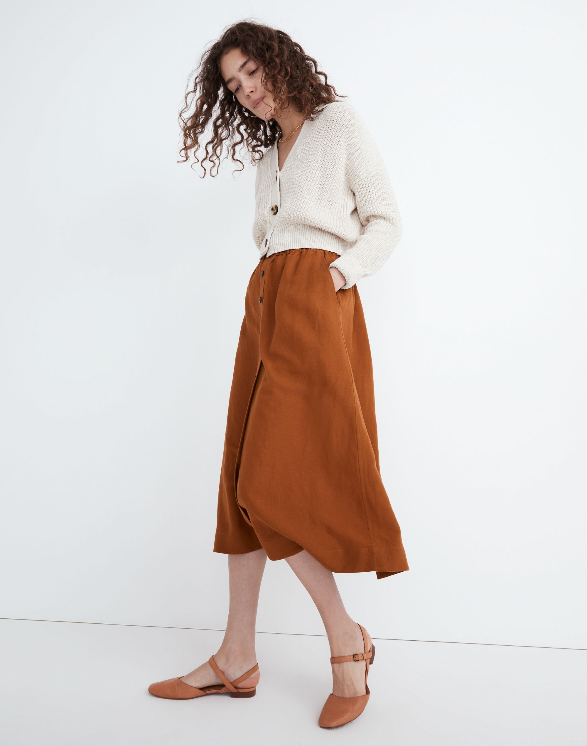Linen-Blend Button-Front Pull-On Midi Skirt