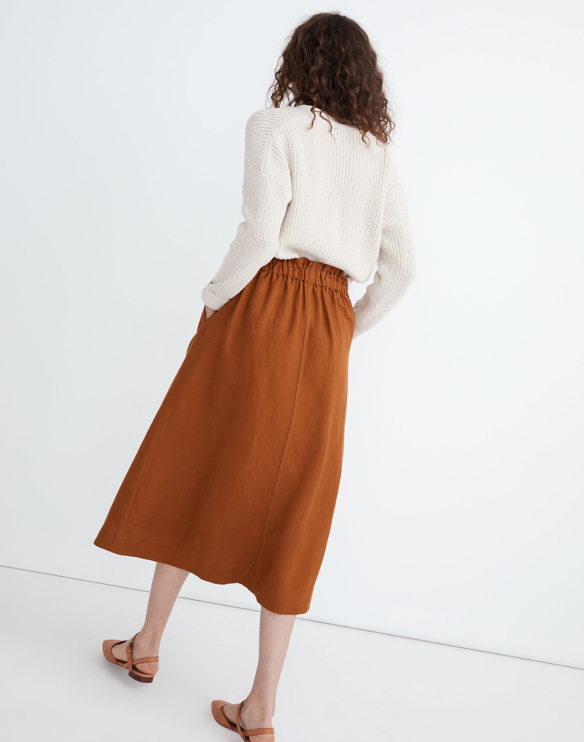 Linen-Blend Button-Front Pull-On Midi Skirt
