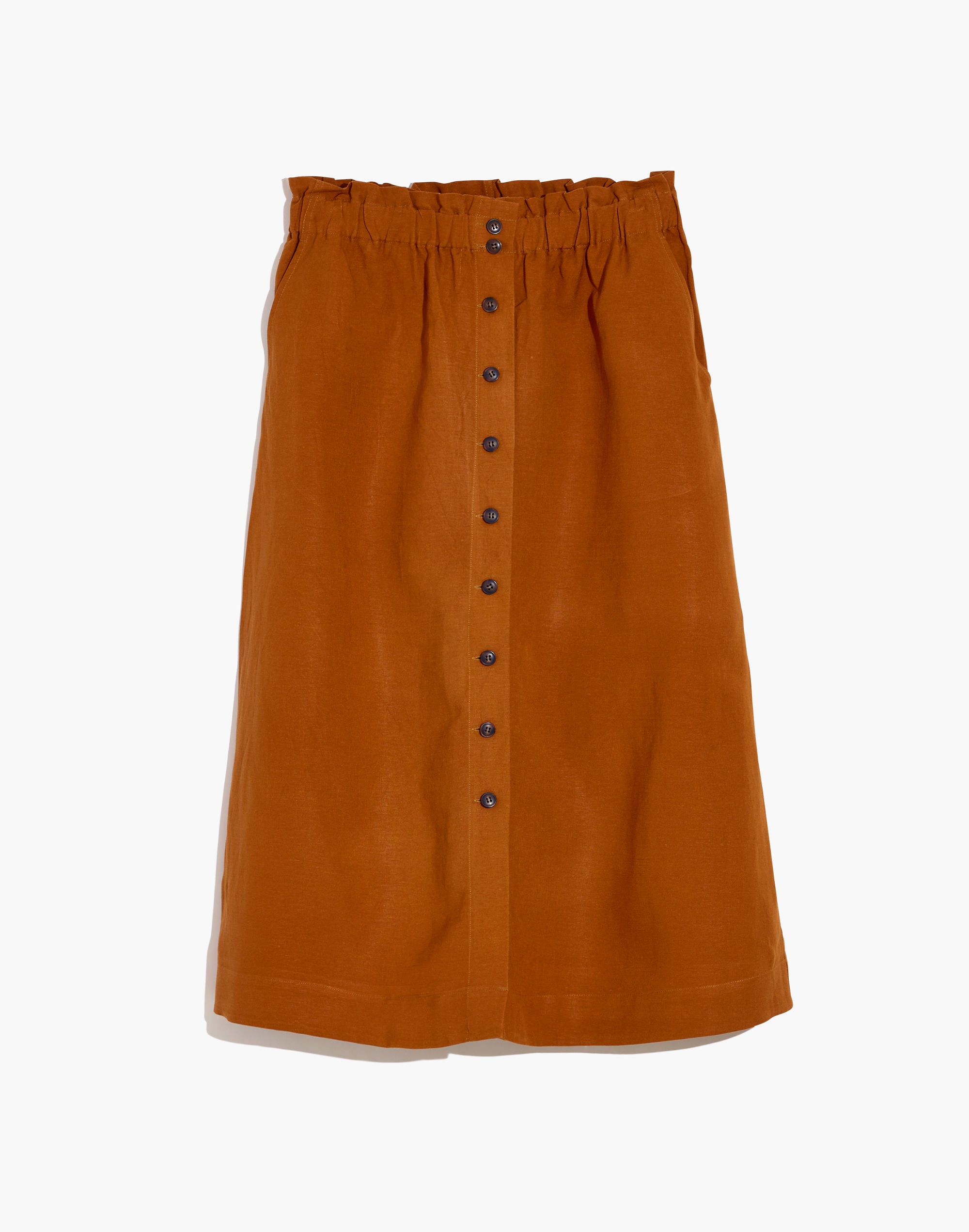 Linen-Blend Button-Front Pull-On Midi Skirt