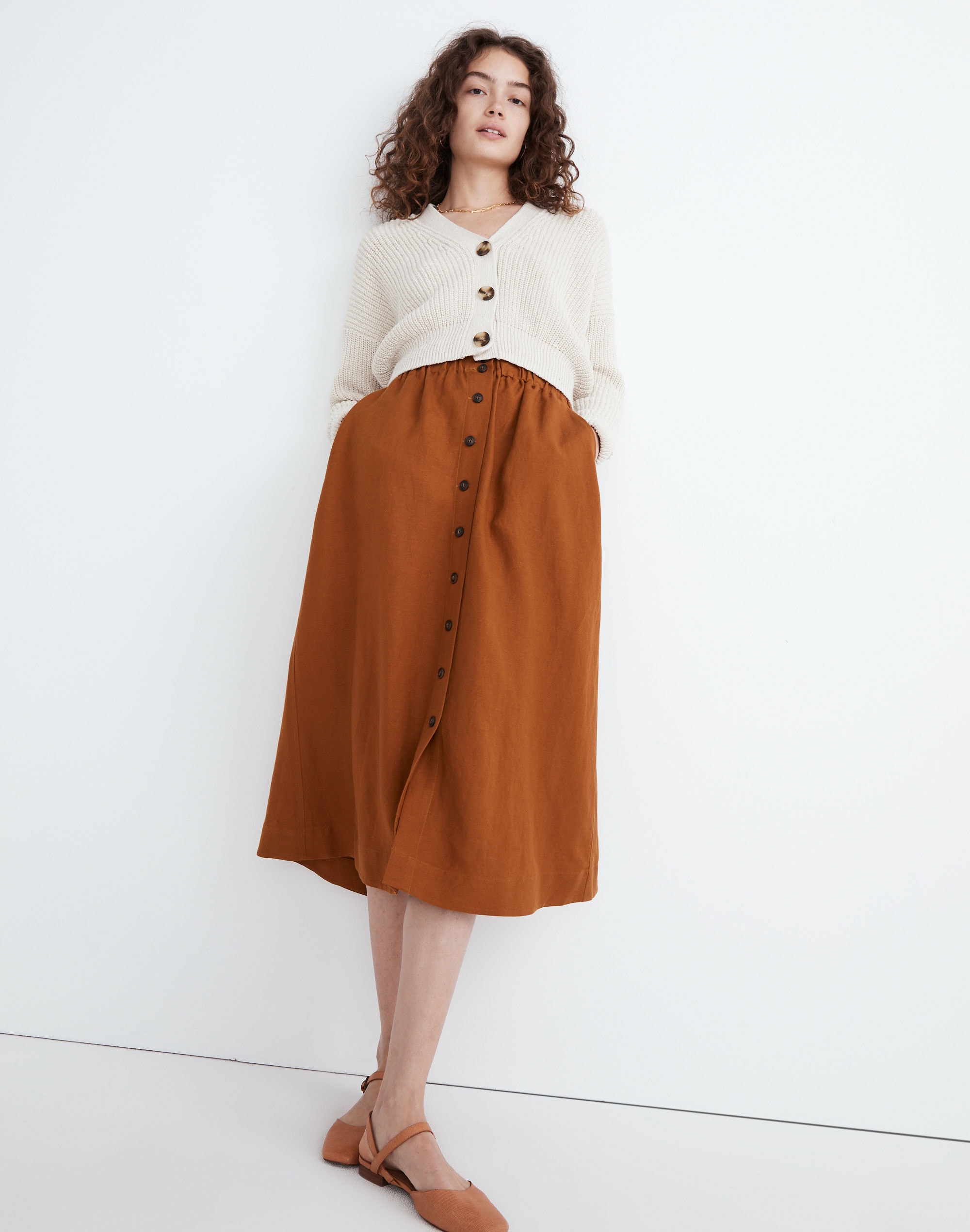 Linen-Blend Button-Front Pull-On Midi Skirt