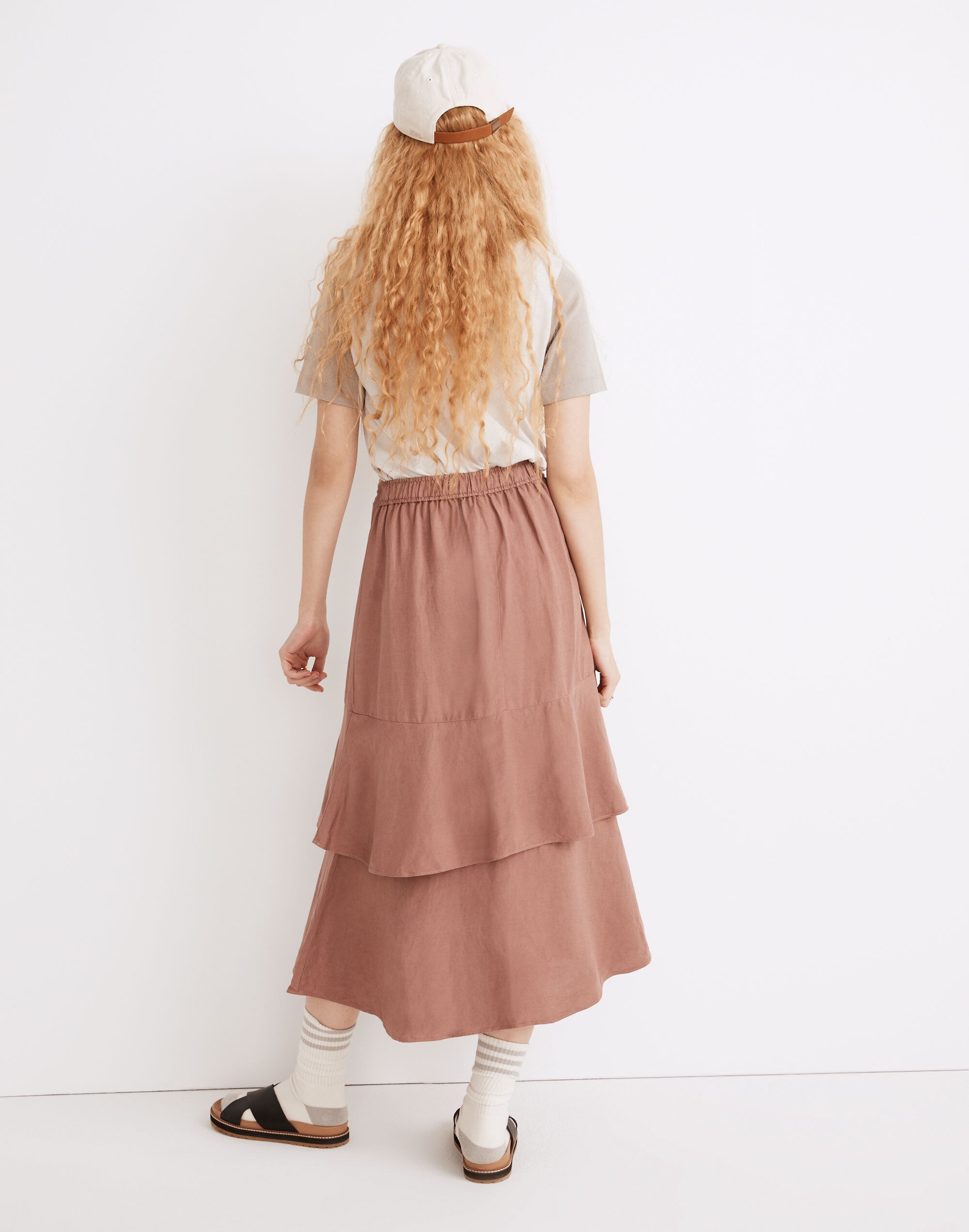 Linen-Blend Ruffle Tiered Midi Skirt