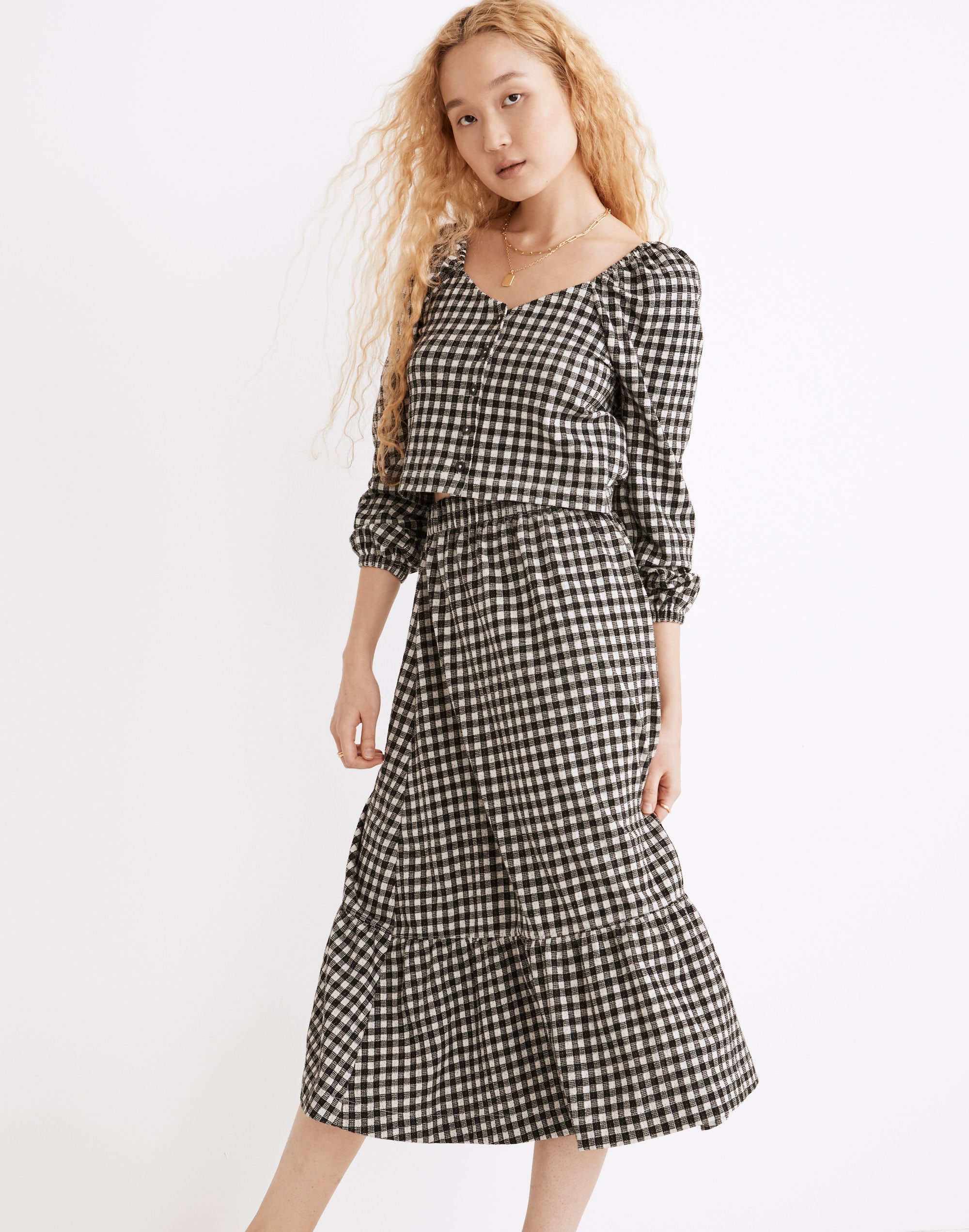 Gingham Seersucker Knit Pull-On Midi Skirt